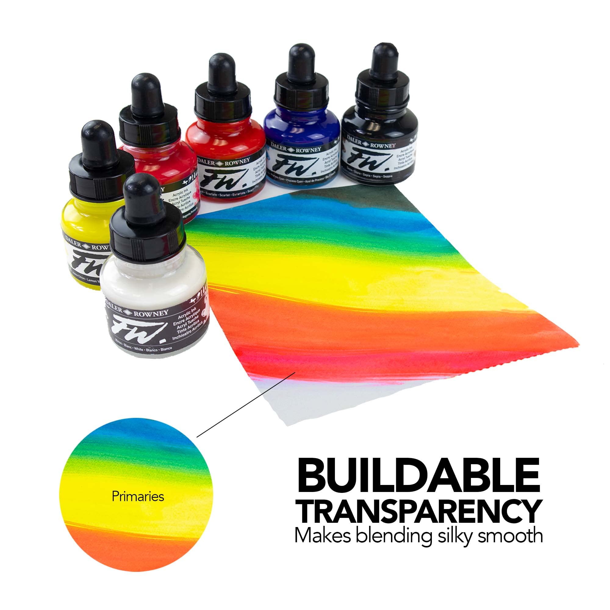 Daler-Rowney FW Acrylic Ink Primary Set | 6 x 29.5ml & Mixed Media Marker