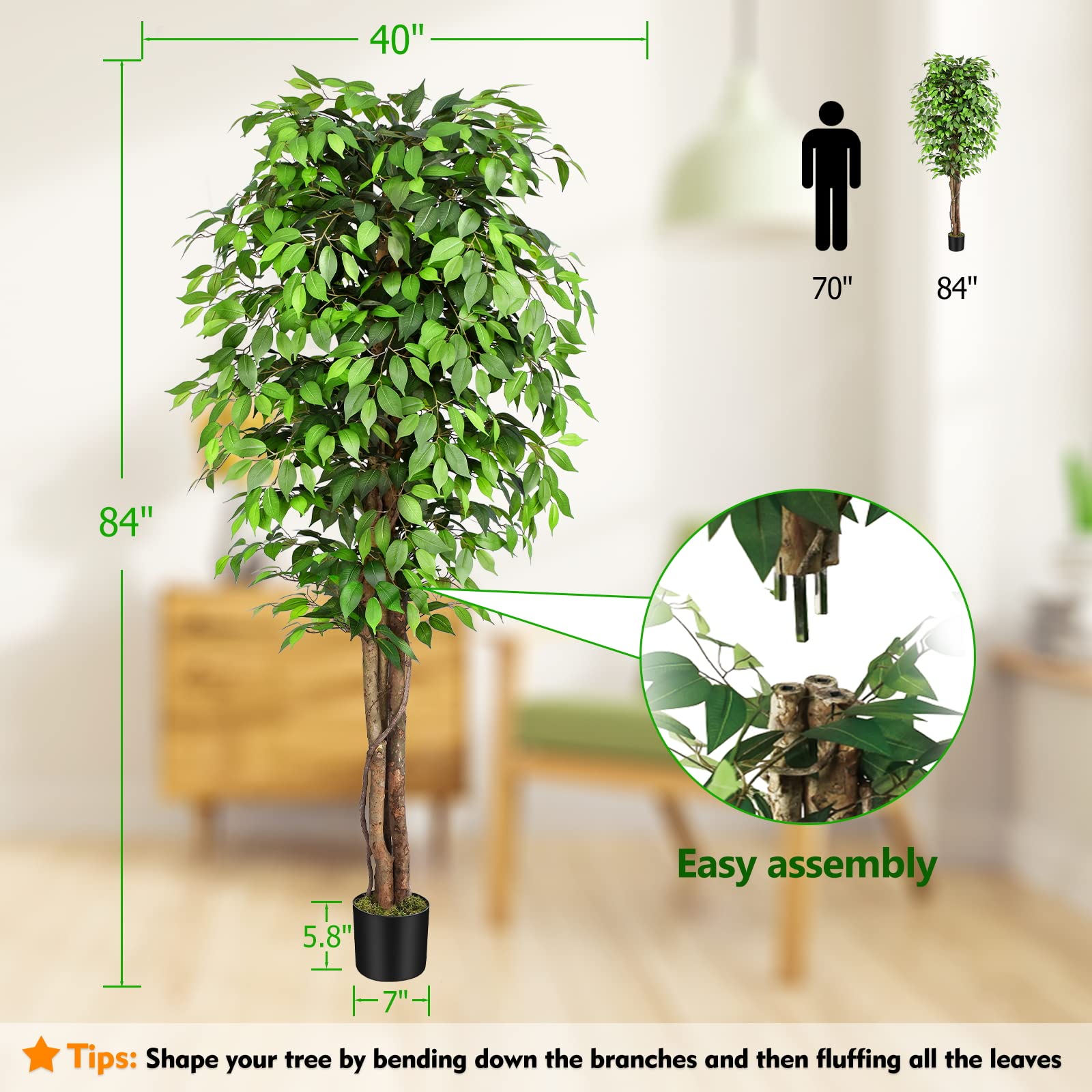 Keeplush 7ft Artificial Ficus Tree | Large Silk Plant with Natural Trunks
