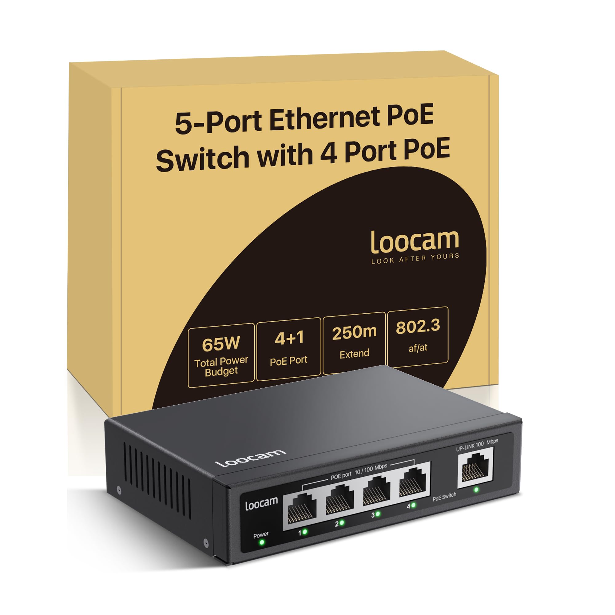 Loocam 5 Port PoE Switch | 4 PoE+ & 1 Uplink | 65W Unmanaged Metal Hub
