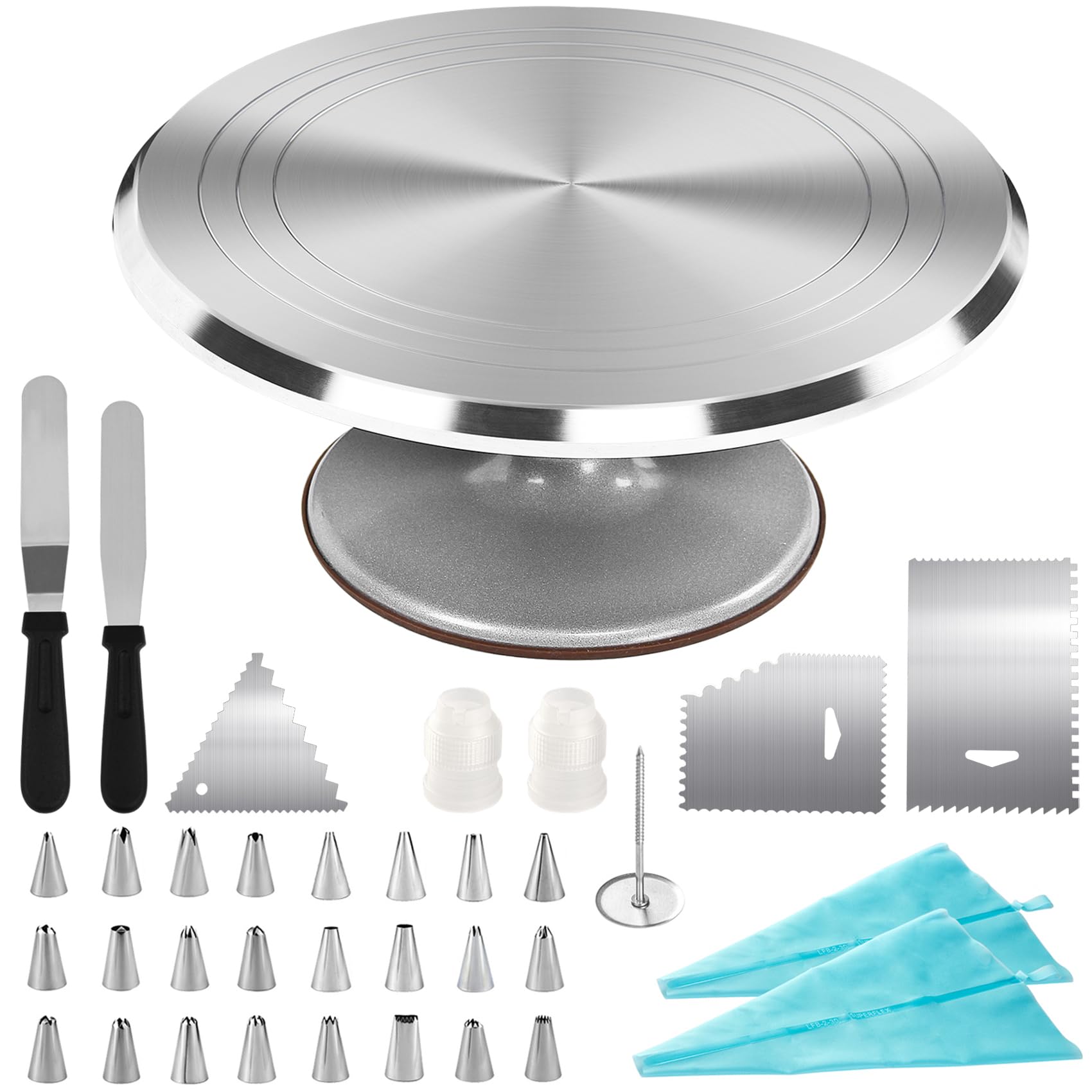 DAWOO 12-Inch Aluminium Cake Turntable Set with 24 Piping Nozzles