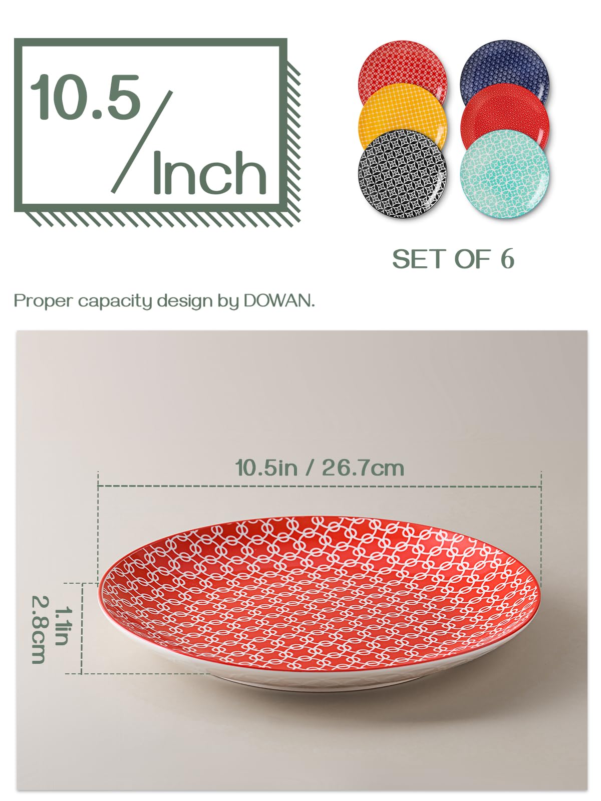 DOWAN 26.7cm Ceramic Dinner Plates | Set of 6 Colorful Porcelain Dishes