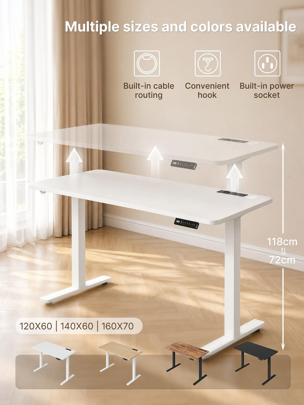 JUMMICO Standing Desk with Power Outlet 140 x 60 cm, Electric Height Adjustable Desk with 4 Memory Function, Sit-Stand Office Desk - image 3