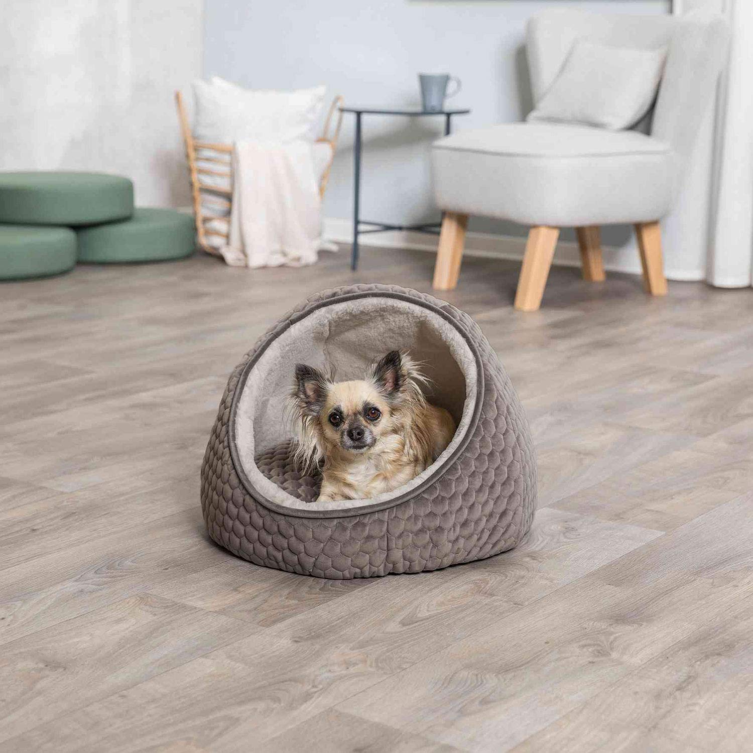TRIXIE Livia Pet Cave - Plush Velvet Cat & Dog Bed, Taupe/Cream