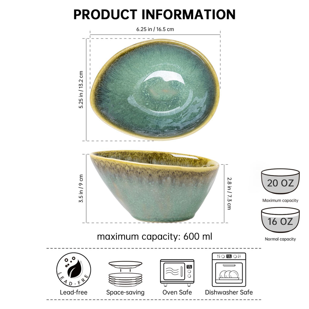 Henten Home Ceramic Ramen Bowl Set of 4 – 20 oz Green Stoneware Dishes