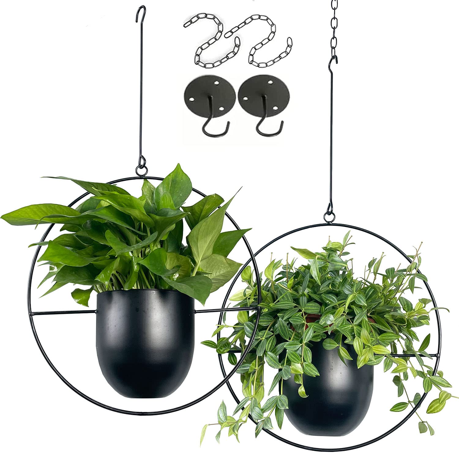 VDYXEW Metal Hanging Flower Pot | Modern Indoor Outdoor Planters, Black, 2-Pack