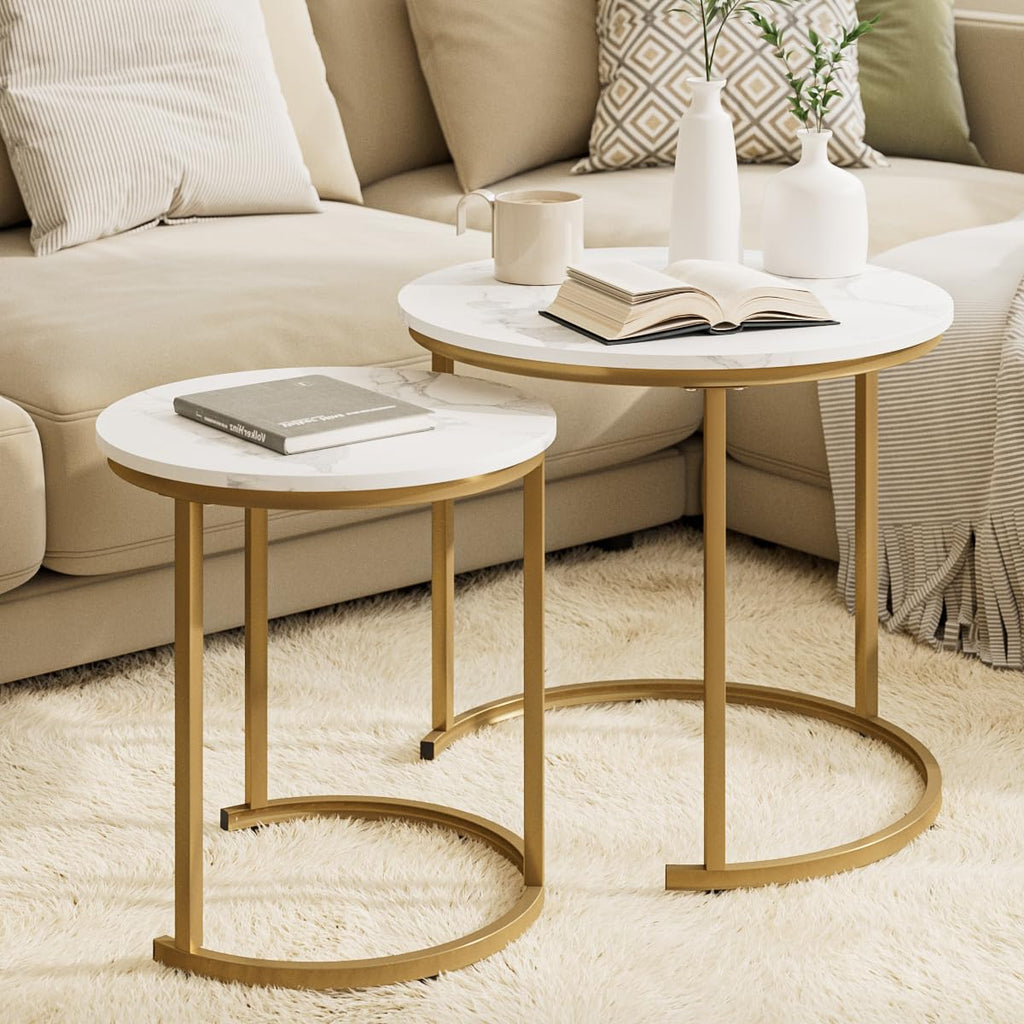HEYZOEY Round Coffee Tables, Removable Set of 2 End Table, Nesting Table, Side Table with Gold Metal Frame Legs and Marble White Top for Living Room - image 1
