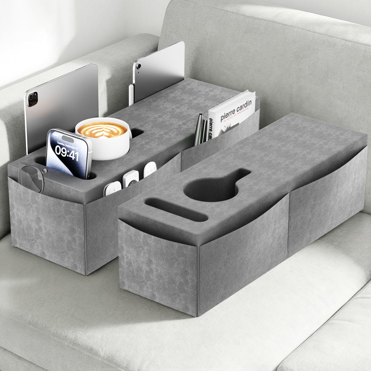 Heyife Couch Armrest Caddy with Cup Holder, Portable Sofa Armrest Pillow Drink Holder Table Tray with 5 Large Side Storage Pockets - image 1