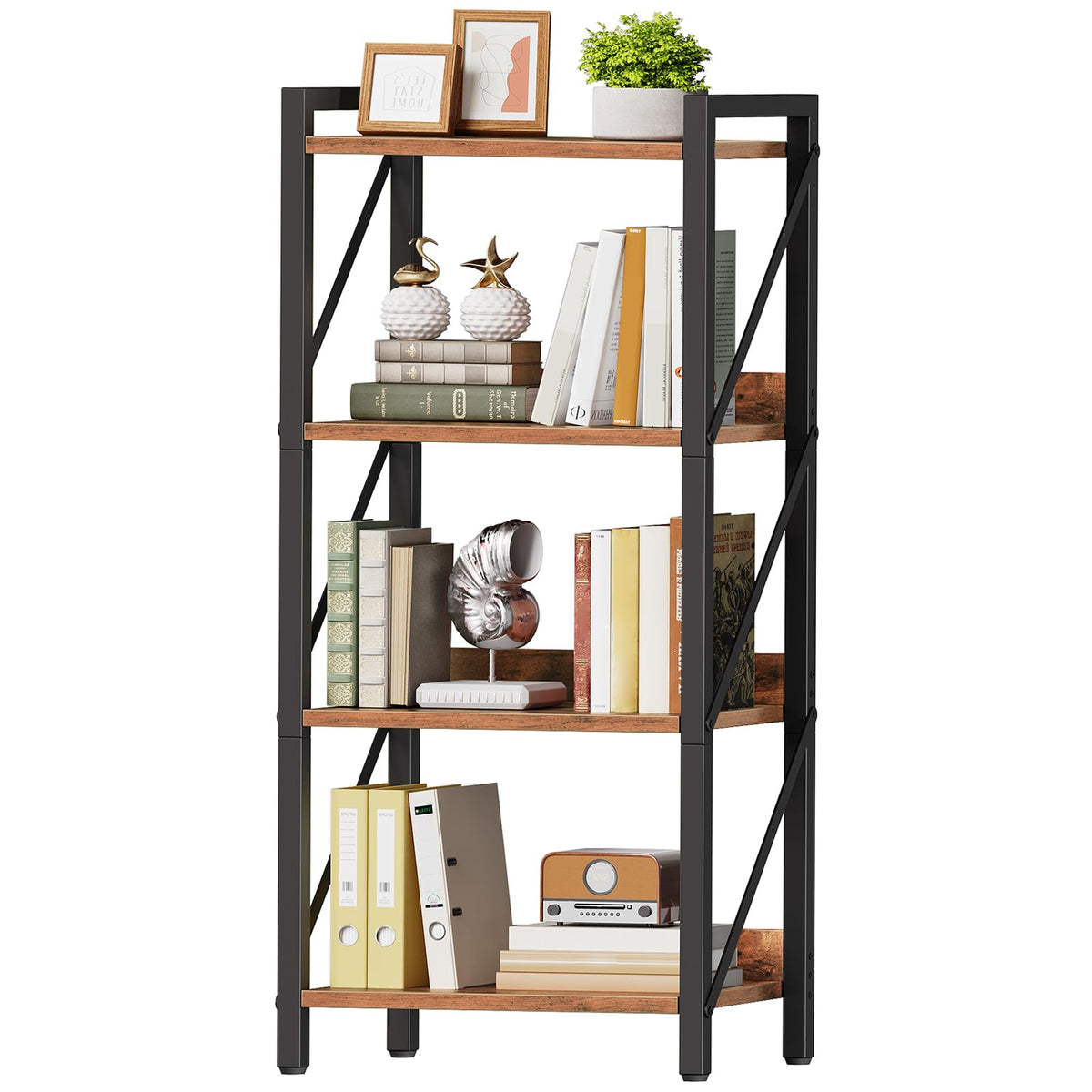 HOOBRO 4-Tier Bookshelf, Industrial Corner Bookcase, Display Rack, Metal Frame, for Living Room, Bedroom, Office, Kitchen, Entryway - image 1