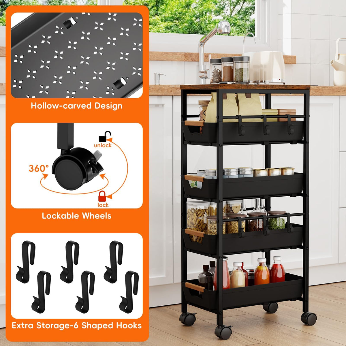 Uwoodia 5-Tier Slim Storage Trolley on Wheels, Metal Kitchen Rolling Cart with Pull-Out Baskets - image 4