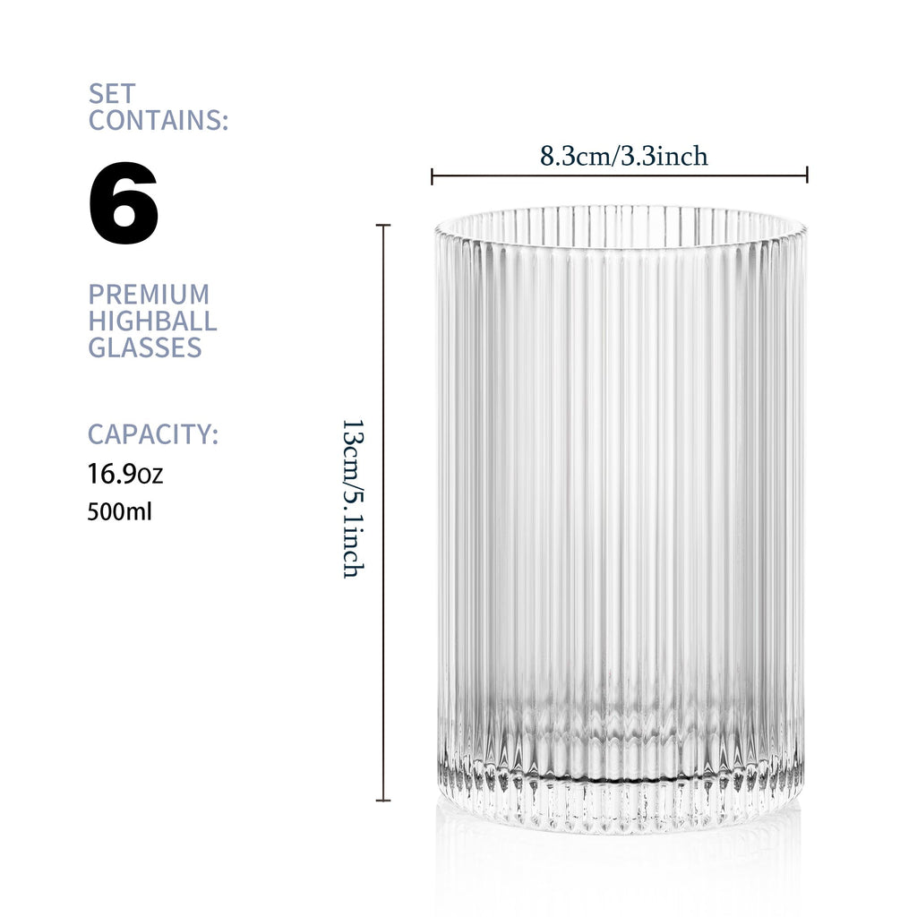 POLIDREAM Ribbed Glassware Set | 6pc 16.9oz Fluted Origami Drinking Glasses