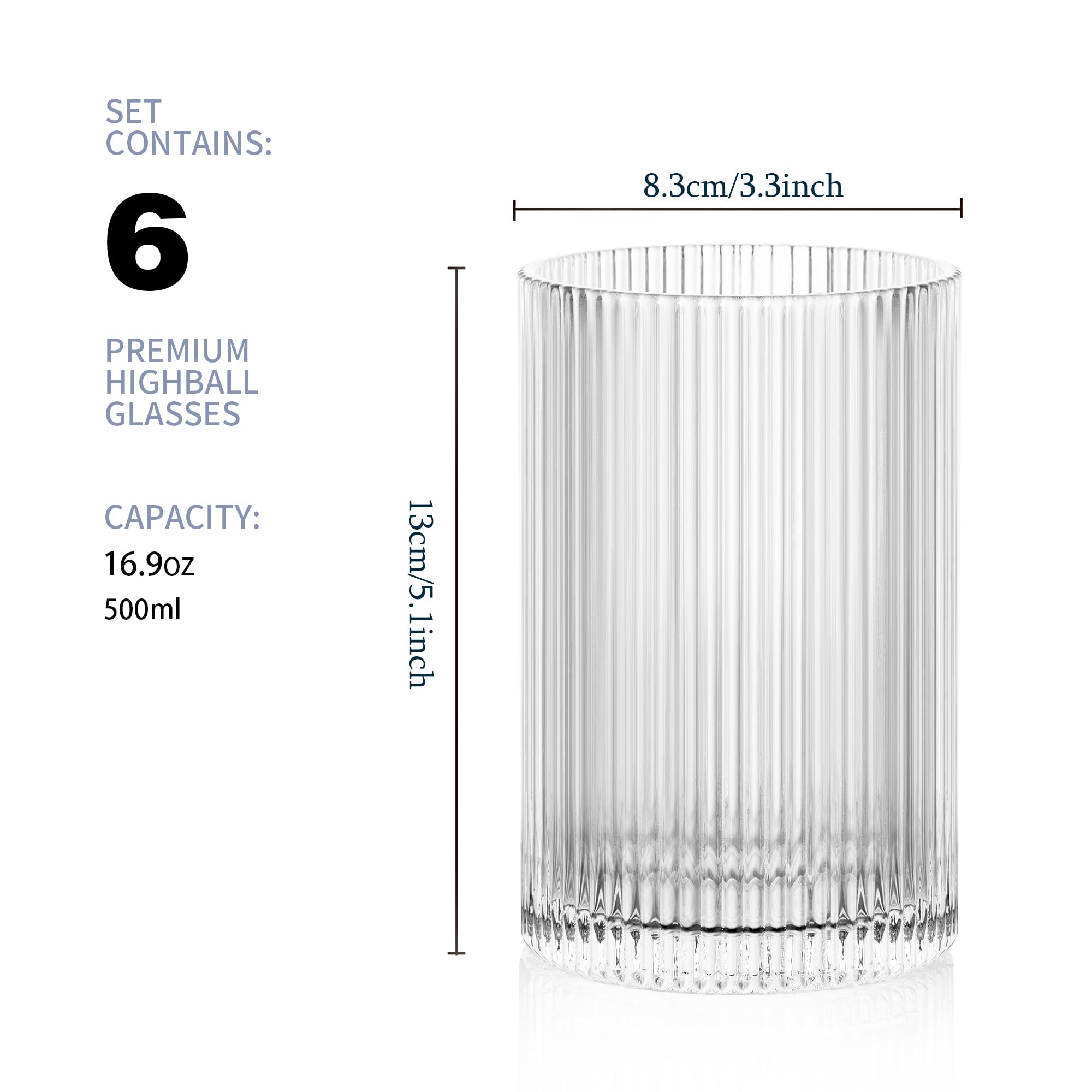 POLIDREAM Ribbed Glassware Set | 6pc 16.9oz Fluted Origami Drinking Glasses