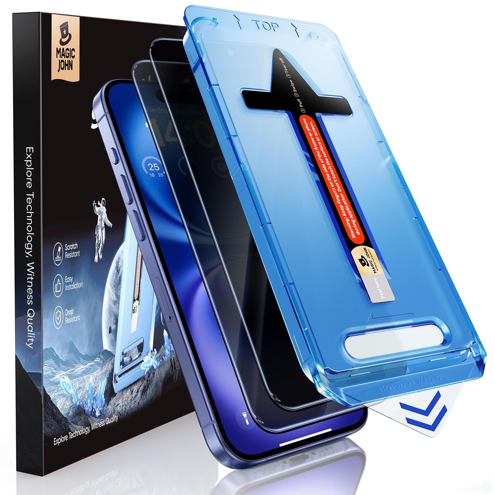 Magic John iPhone 16 Privacy Screen Protector – 2 Pack Tempered Glass