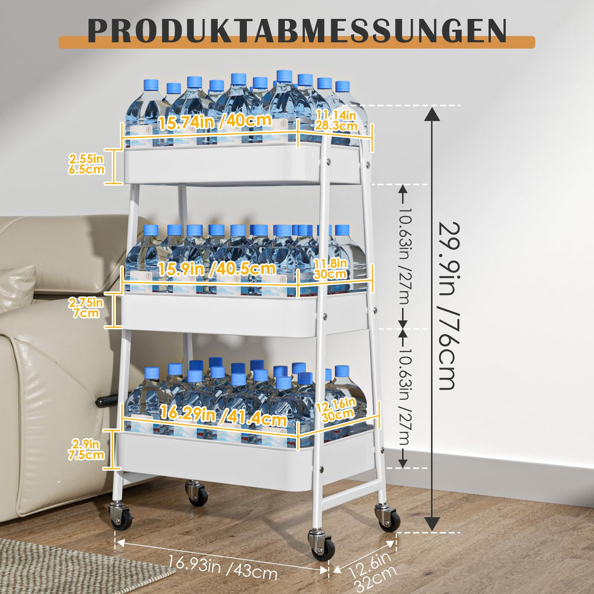 StowBin 3 Tier Metal Rolling Cart Kitchen Storage Cart with Wheels Serving Cart for Living Room Bathroom Office Bedroom White - image 2
