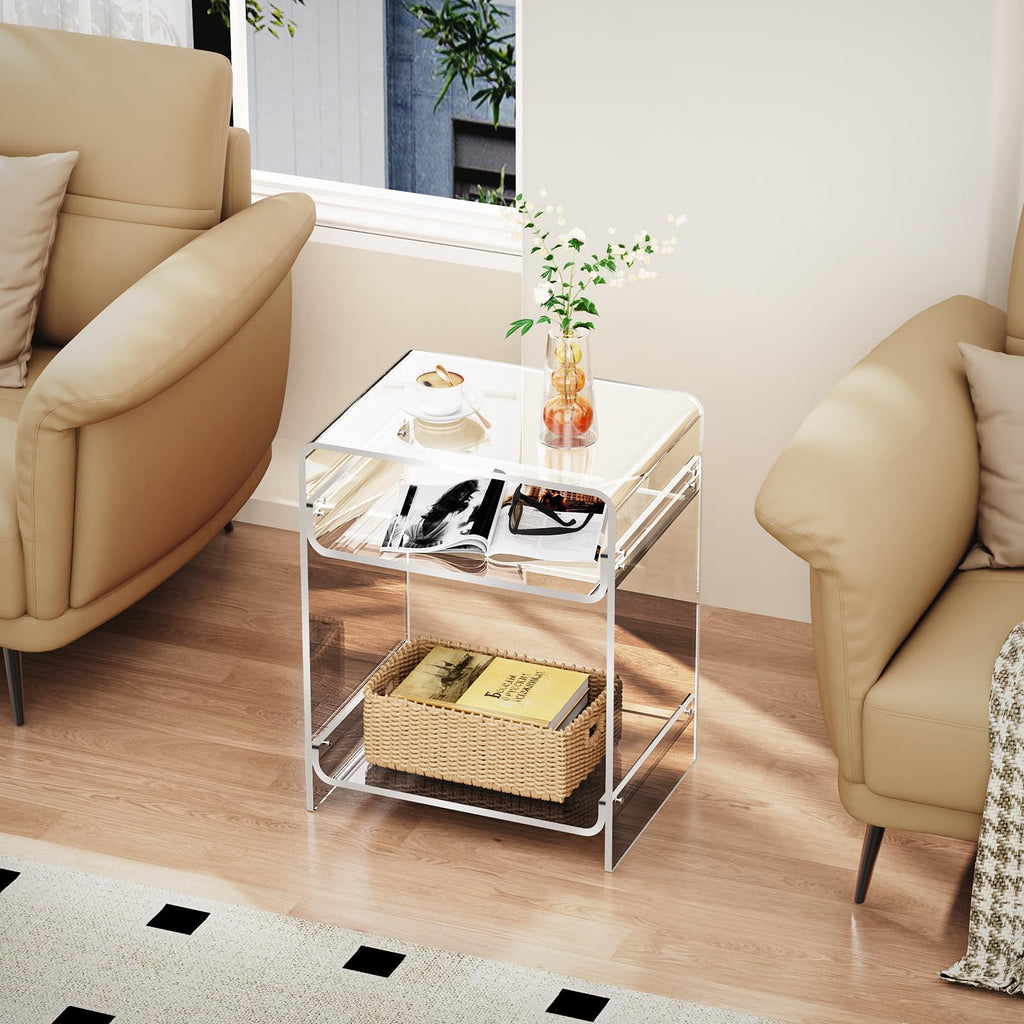 Acrylic End Table with Storage Shelf, Clear Side Table, Record Player Table, Nightstand, 15.7x19.7x11.8 Clear, 40×30×50 cm