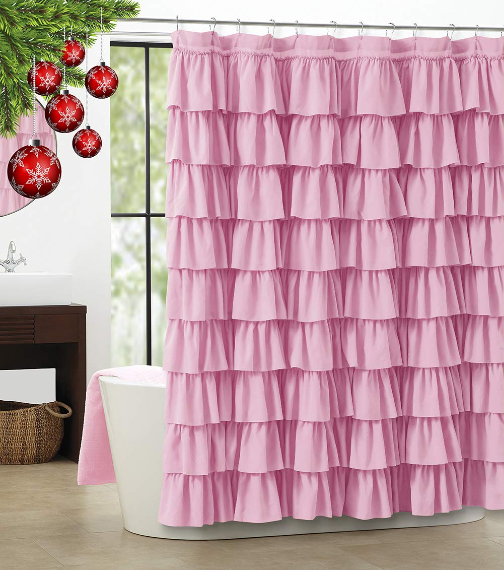 WestWeir Pink Ruffle Shower Curtain | 84-Inch Extra Long Fabric Decor