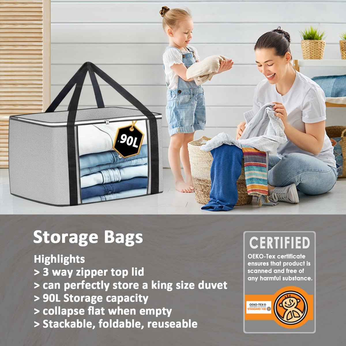 KURNI Storage Bags | Clothes Organizer Boxes, Foldable 6 Pack Grey, 90L Capacity, 3 Sided Zipper Moving Large Bag. Dust & Moisture Proof - image 5
