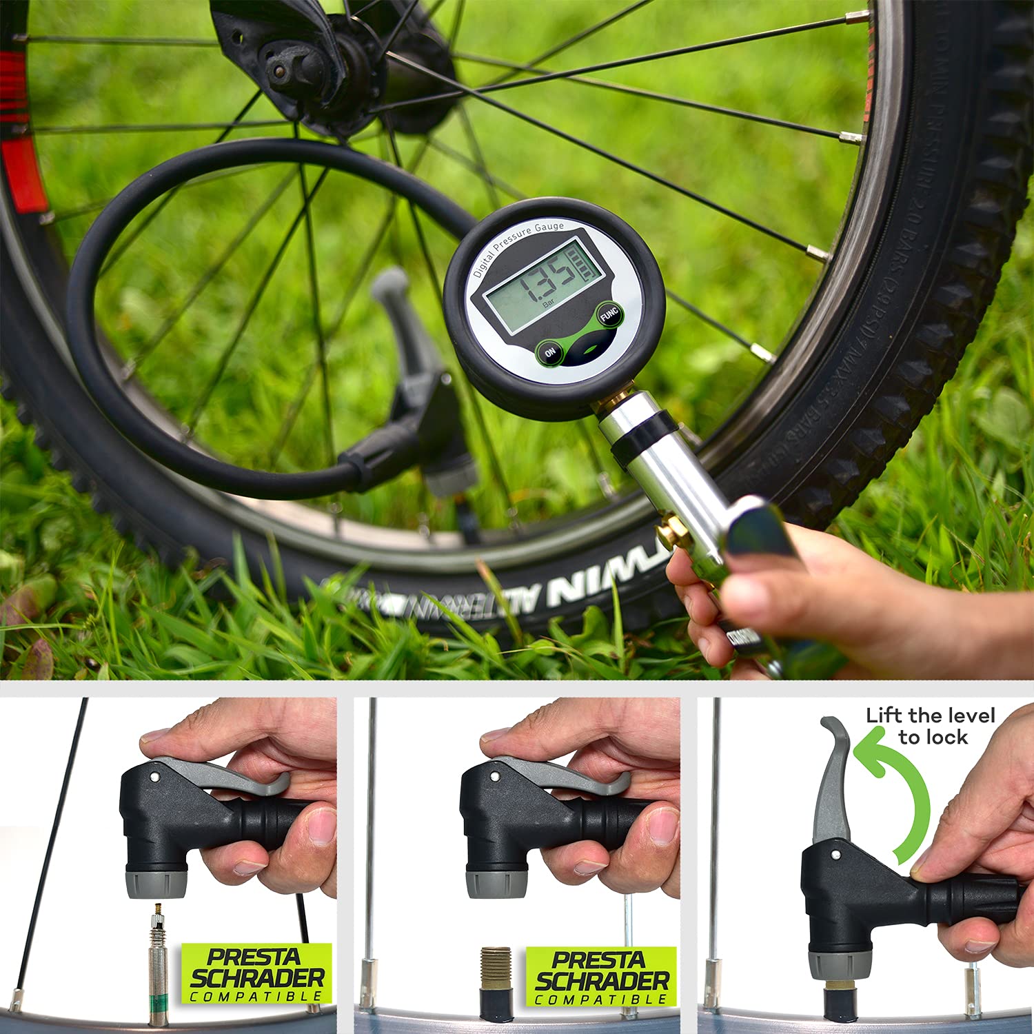 CycloSpirit Digital Tire Inflator Gauge for Presta and Schrader Valves