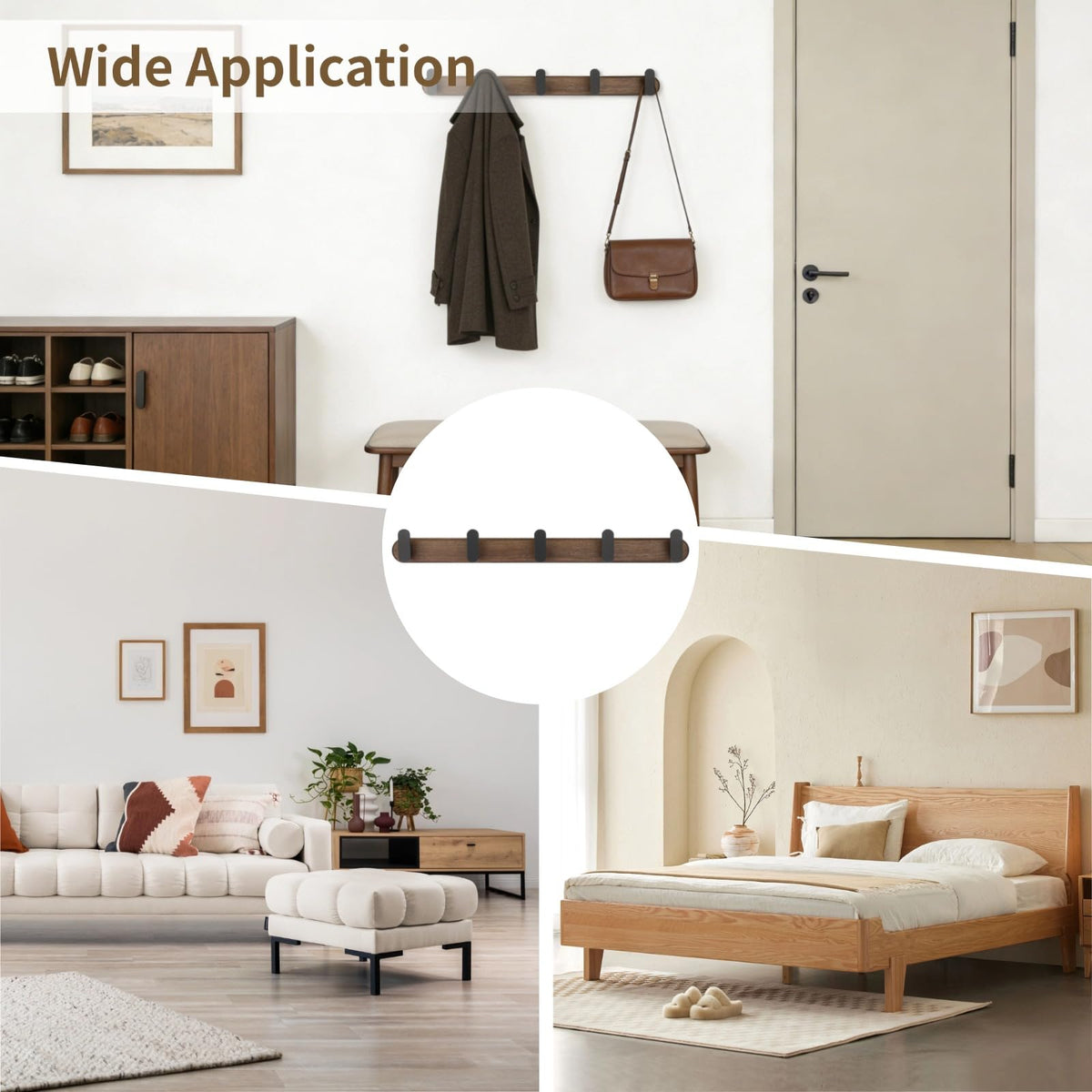 Varku Coat Hooks Wall Mounted, Walnut Wood Coat Hooks, Coat Rack Wall Mounted with 5 Hooks, No-Drill Installation - image 5