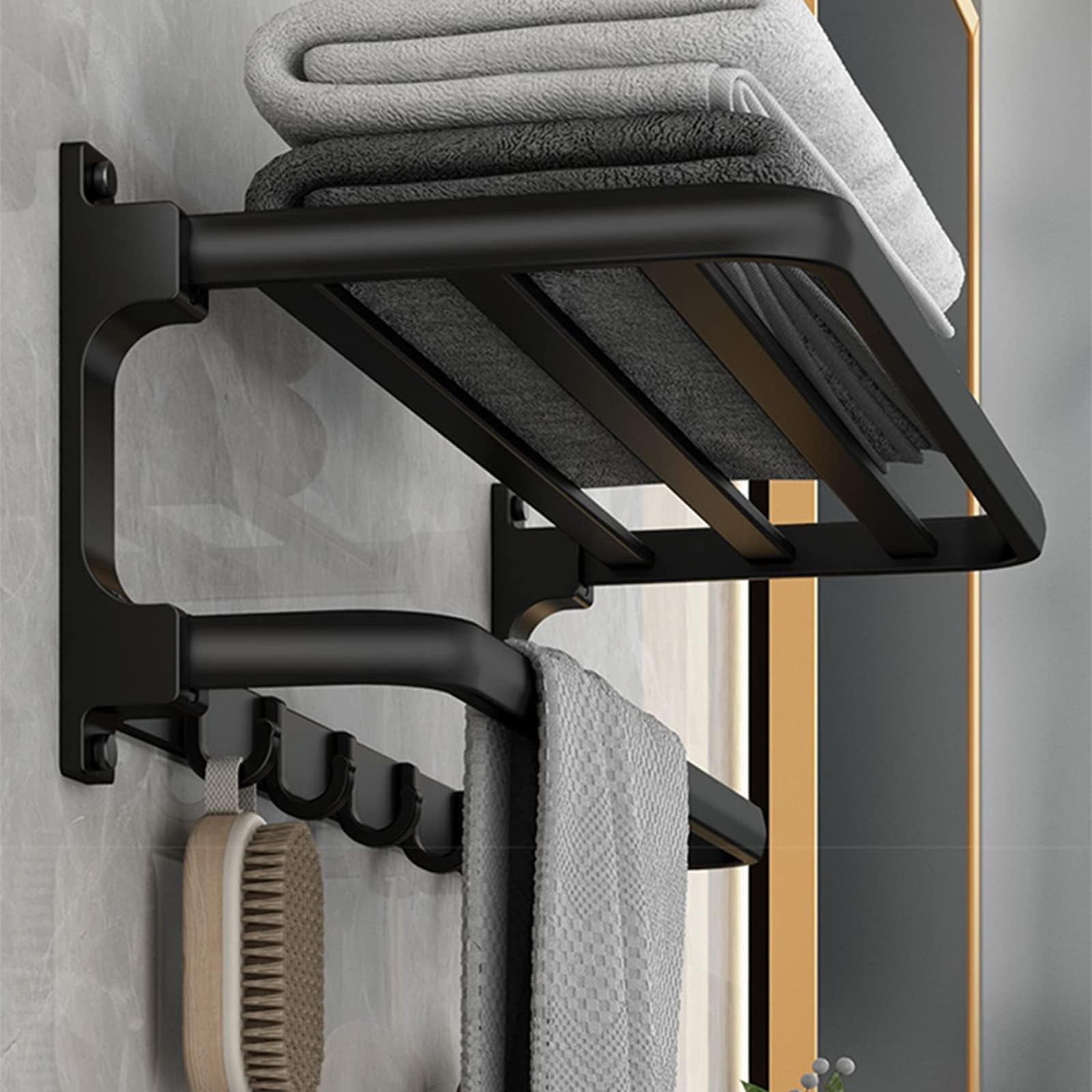 Foldable Towel Rack with 5 Hooks | Matte Black 23"