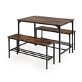 FurnitureR 3-Piece Industrial Dining Set with Storage Benches - Brown