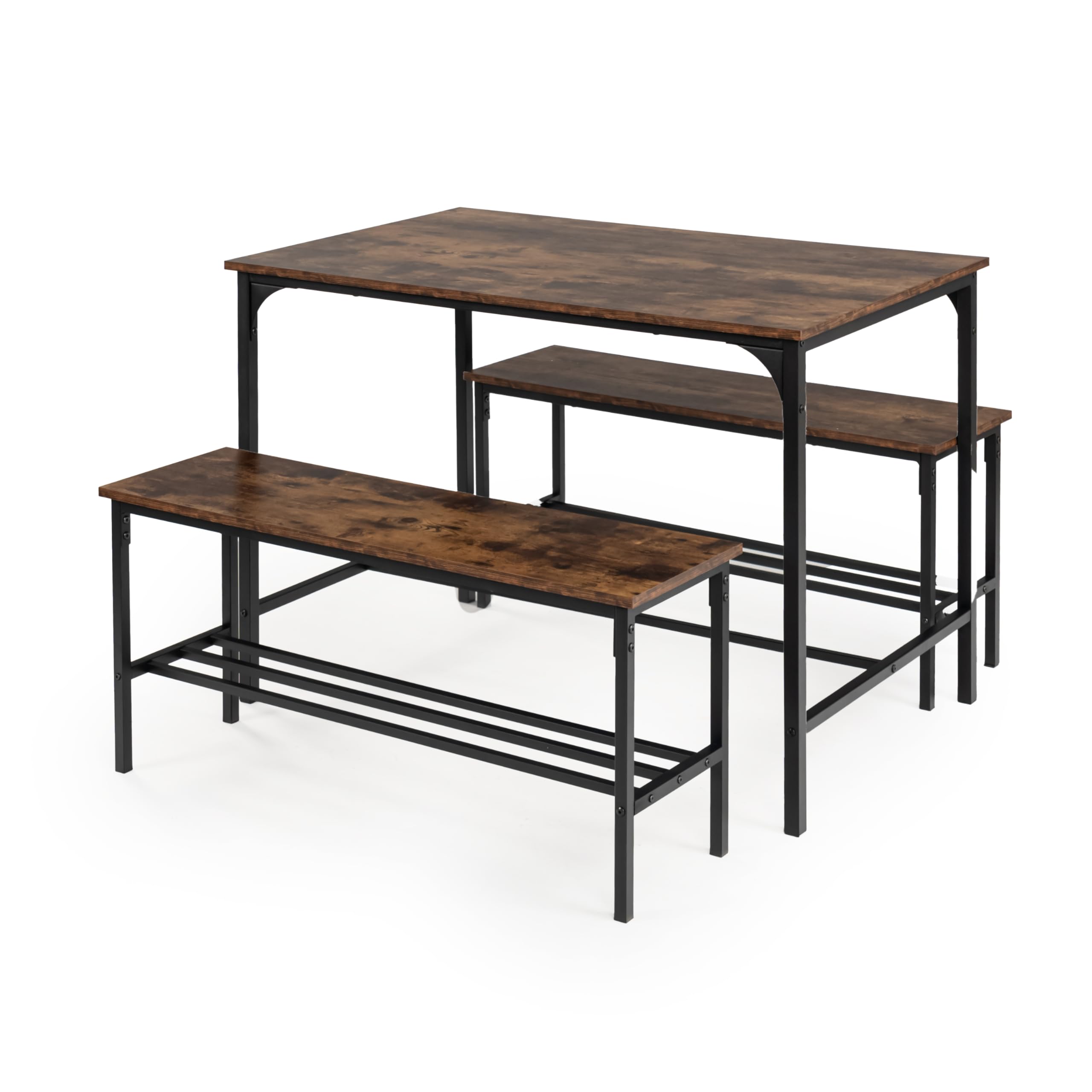 FurnitureR 3-Piece Industrial Dining Set with Storage Benches - Brown