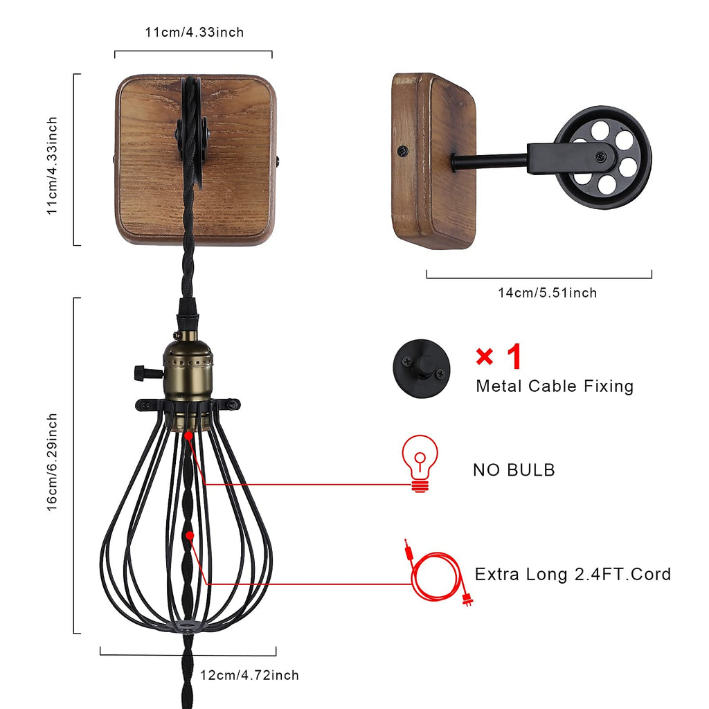 SUNLLOK Industrial Pulley Wall Lamp – Vintage Plug-in Cage Sconce (Black)