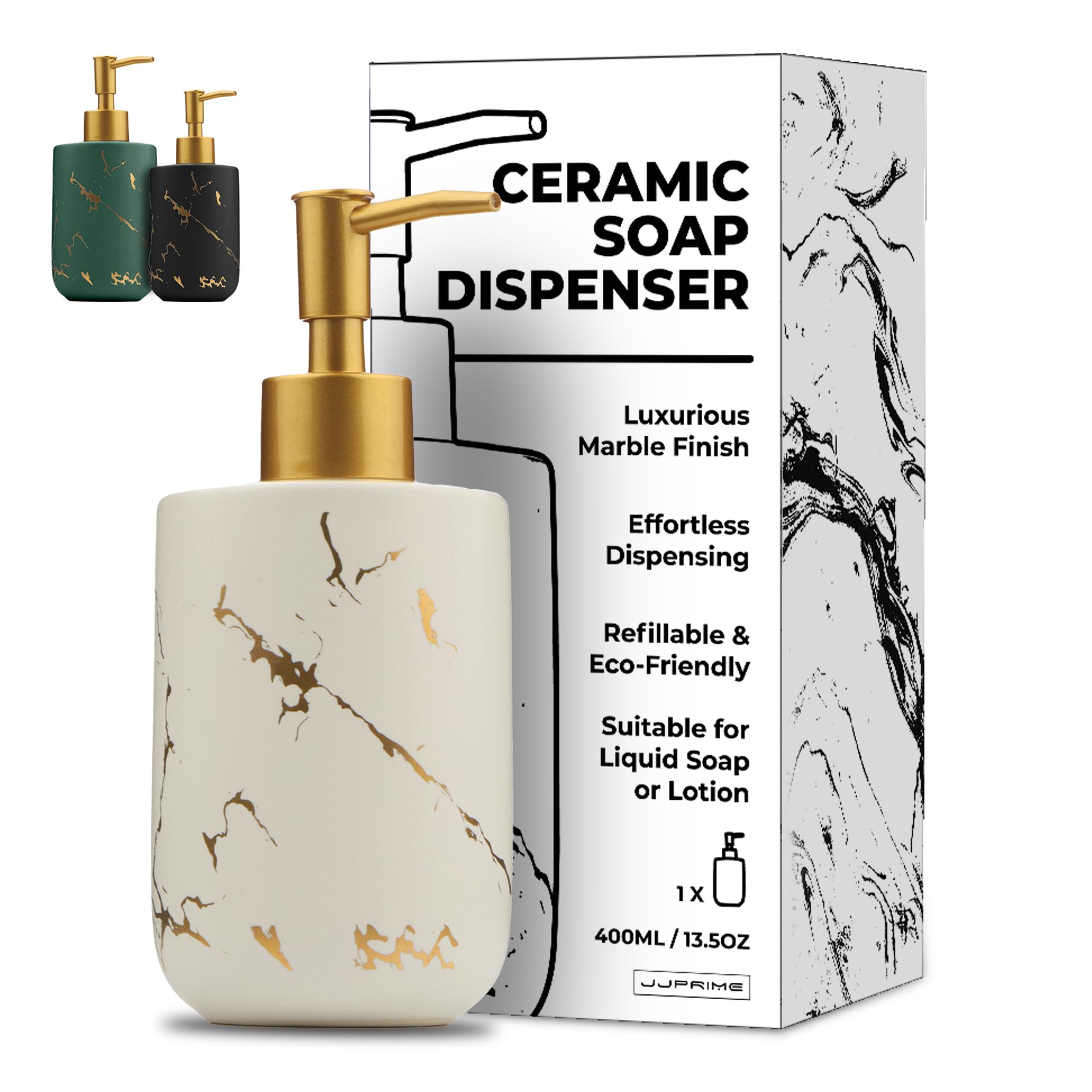 JJ PRIME Ceramic Soap Dispenser – 400ml White Marble Look Pump Bottle