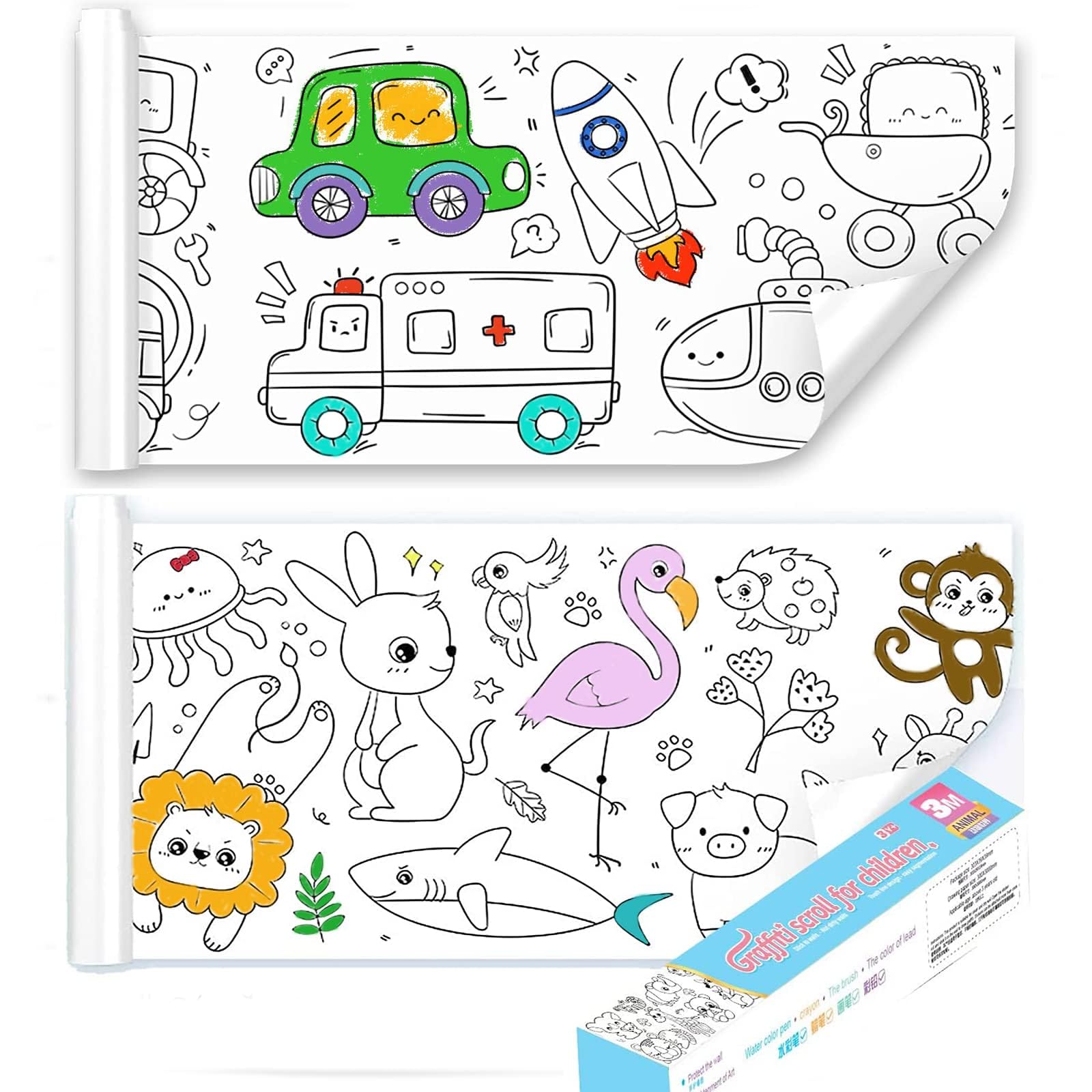 JOYVOVO 2Pcs Kids Coloring Paper Roll – Animal & Vehicle Drawing Art
