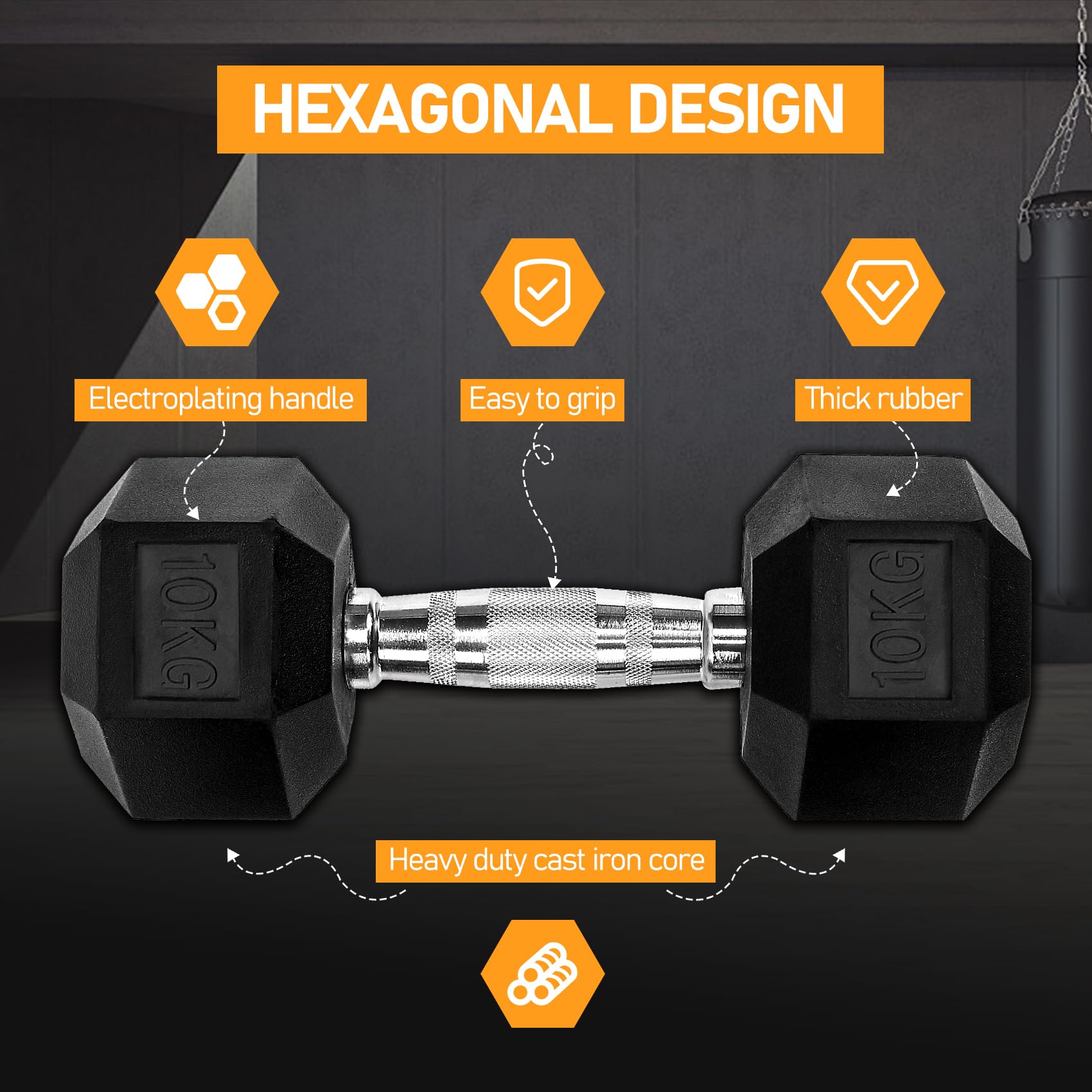 Active Forever Rubber Hex Dumbbells Set of 2 | 10kg Non-Slip Weights