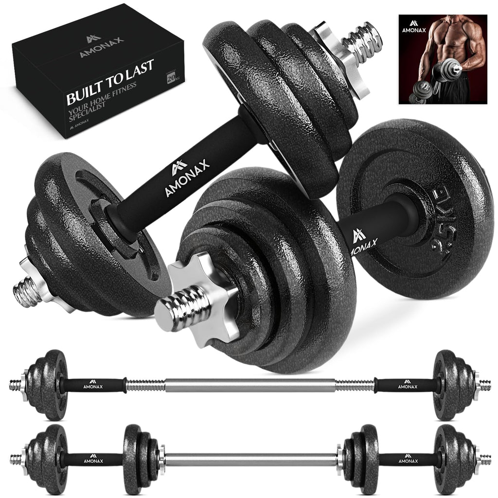 Amonax 20kg Cast Iron Adjustable Dumbbells & Barbell Set for Home Gym