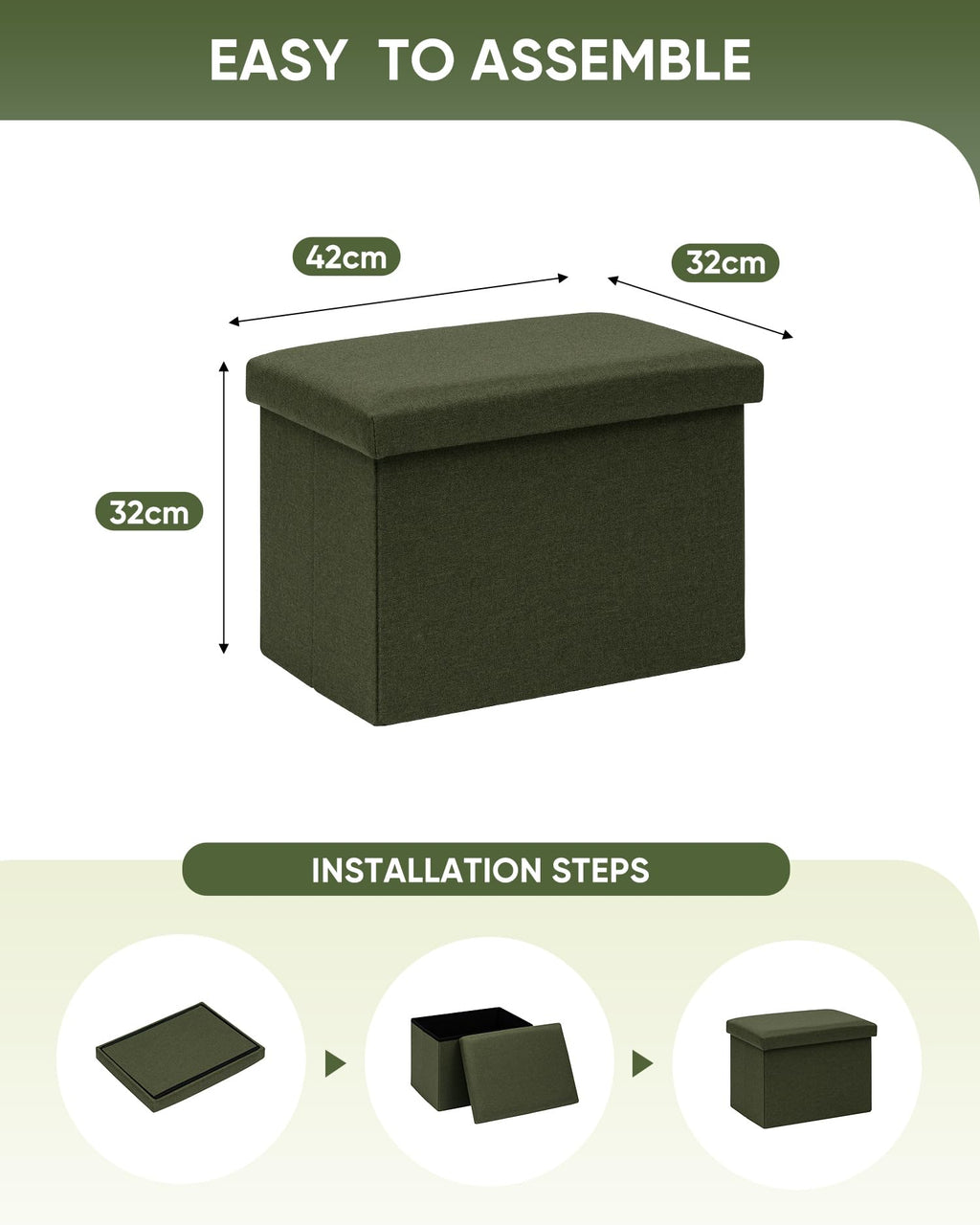 Bonlife Ottoman Storage Box - Foldable Rectangular Footstool for Living Room, Kids Toy Chest with Lid, Multi-Use Seat & Storage, Olive Green