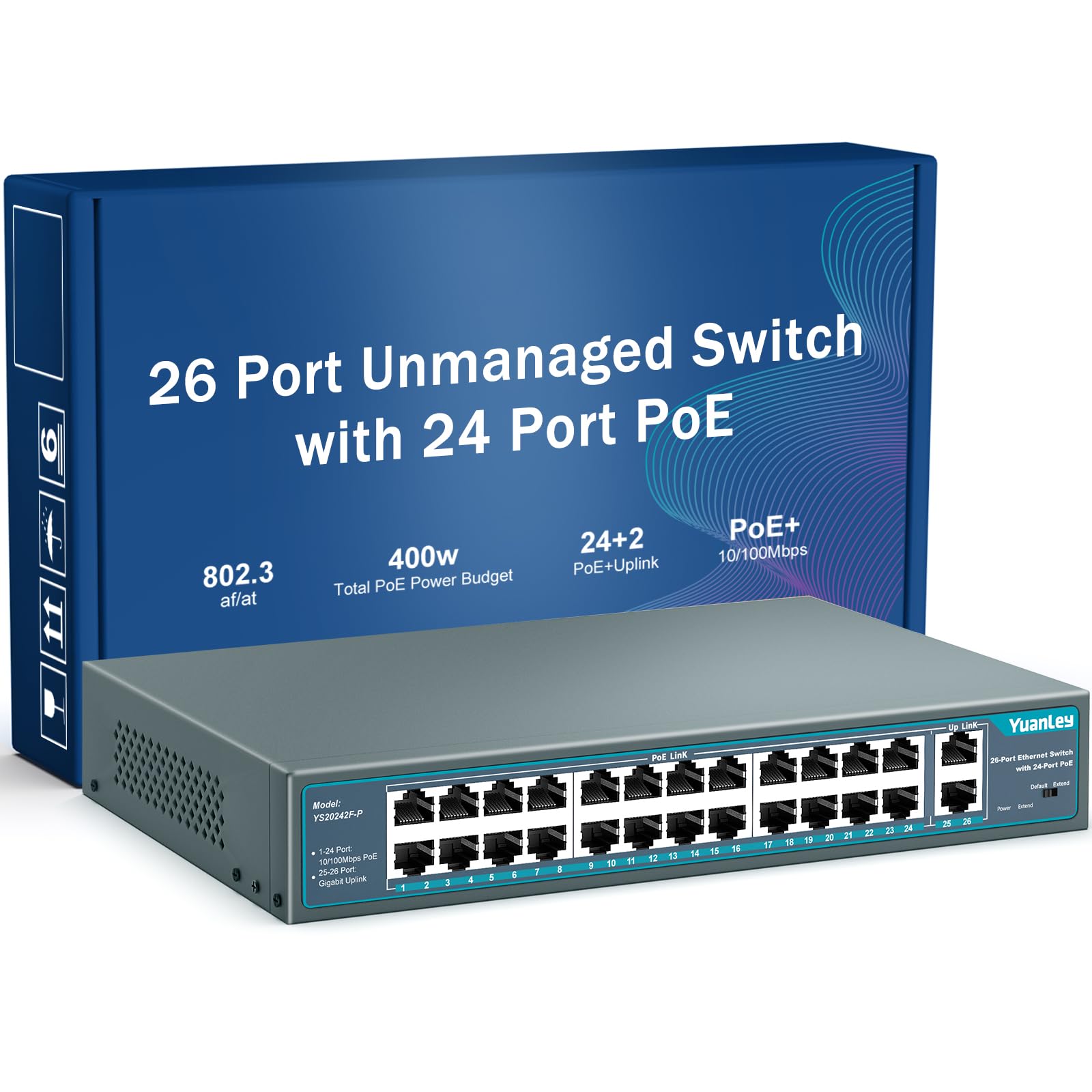 YuanLey 26 Port PoE Switch | 24 PoE+ 100Mbps | 400W Rackmount