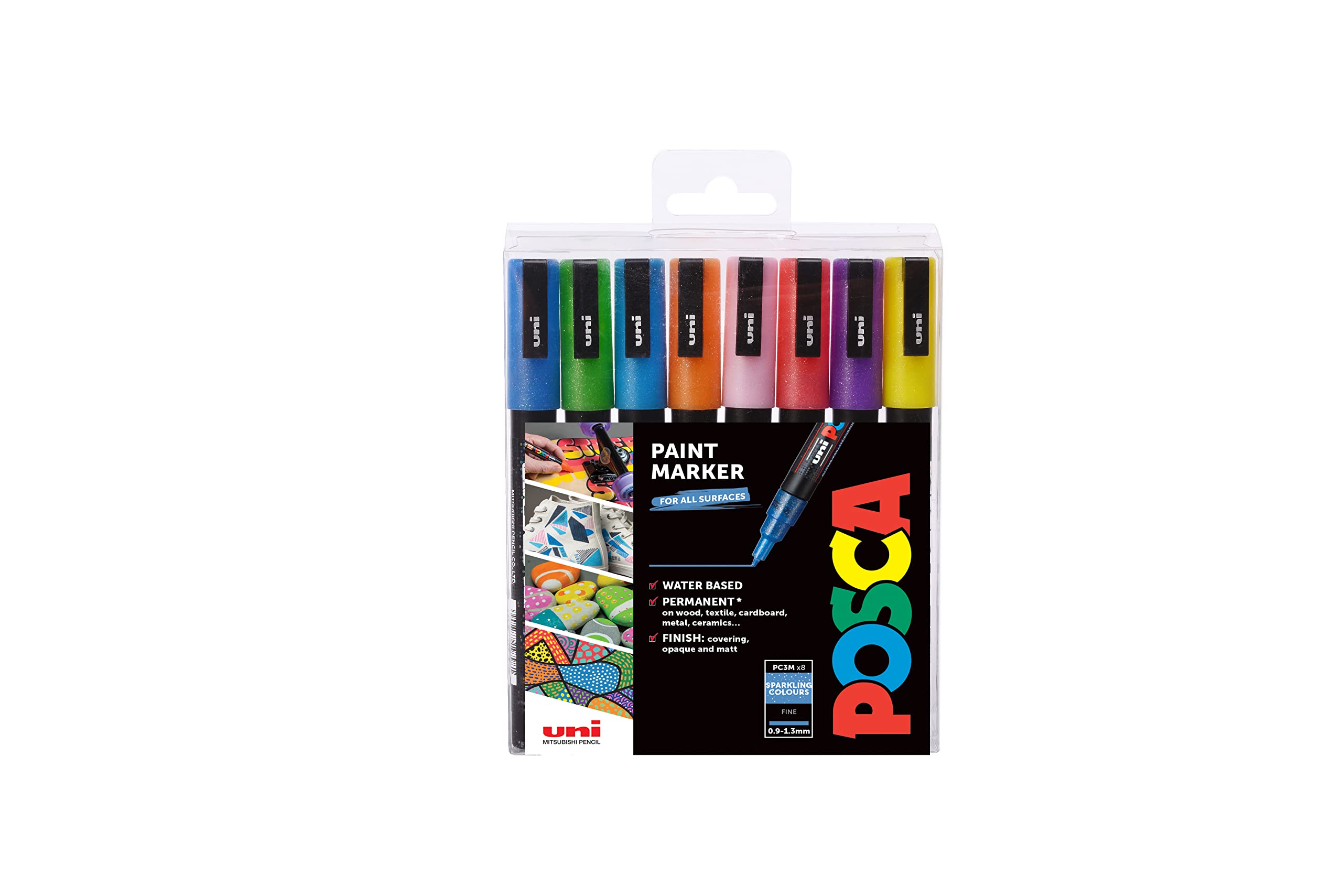Posca PC-3M Glitter Paint Markers | Fine 1.3mm Tip Acrylic Pens - 8 Pack