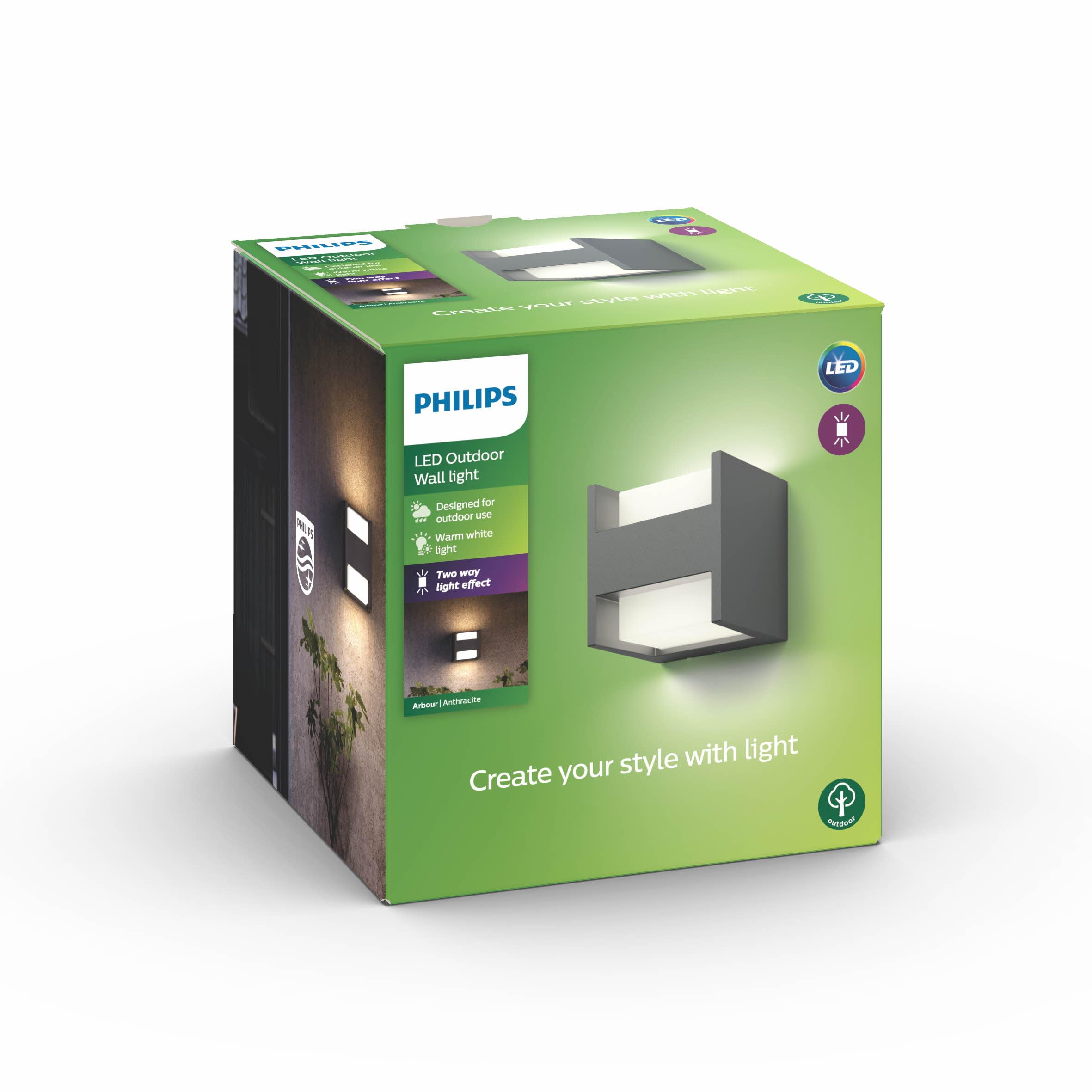 Philips Arbour LED Outdoor Wall Light | Anthracite Up & Down Garden Lamp