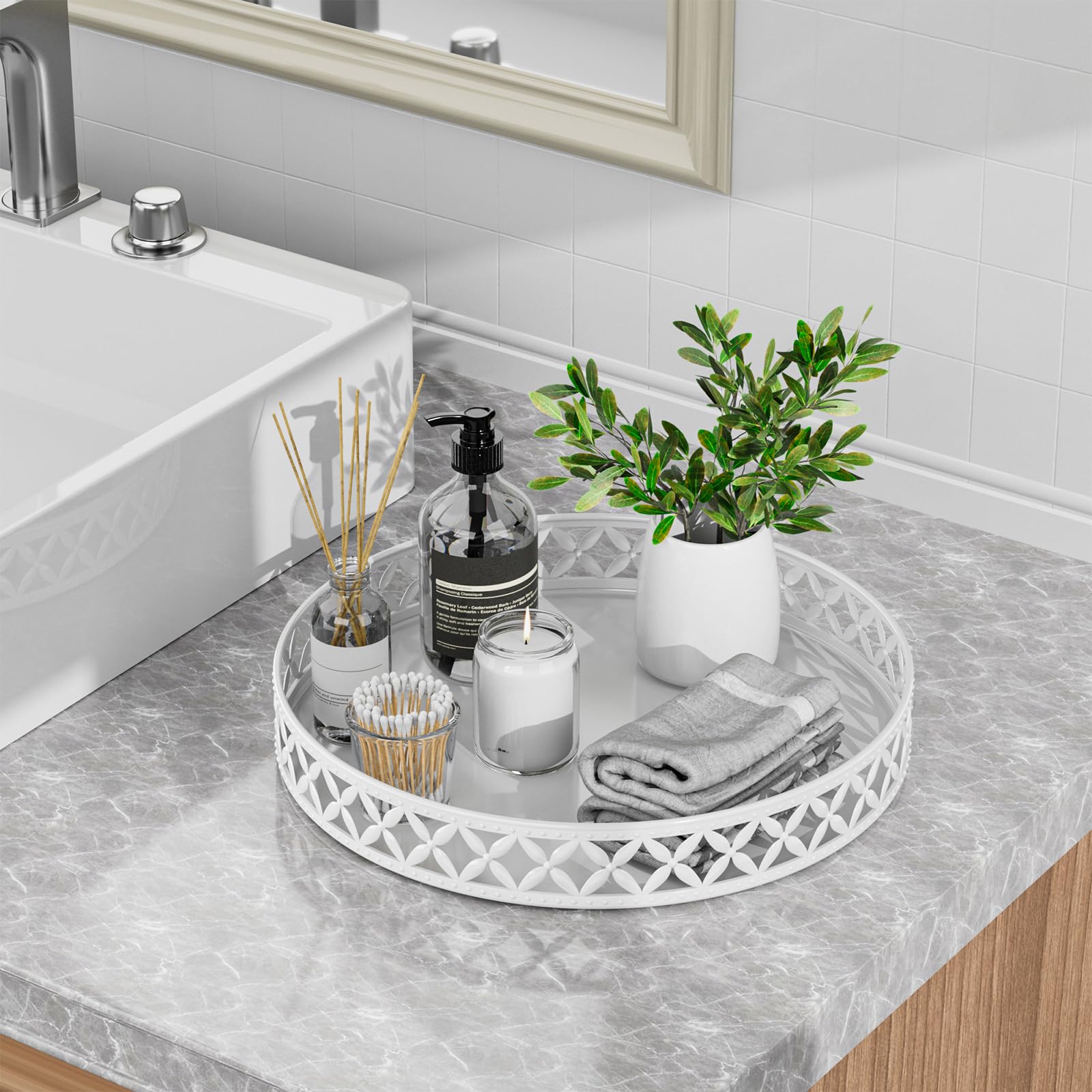 EKNITEY 11 Inch Round Metal Bathroom Vanity Tray | White Perfume Organizer