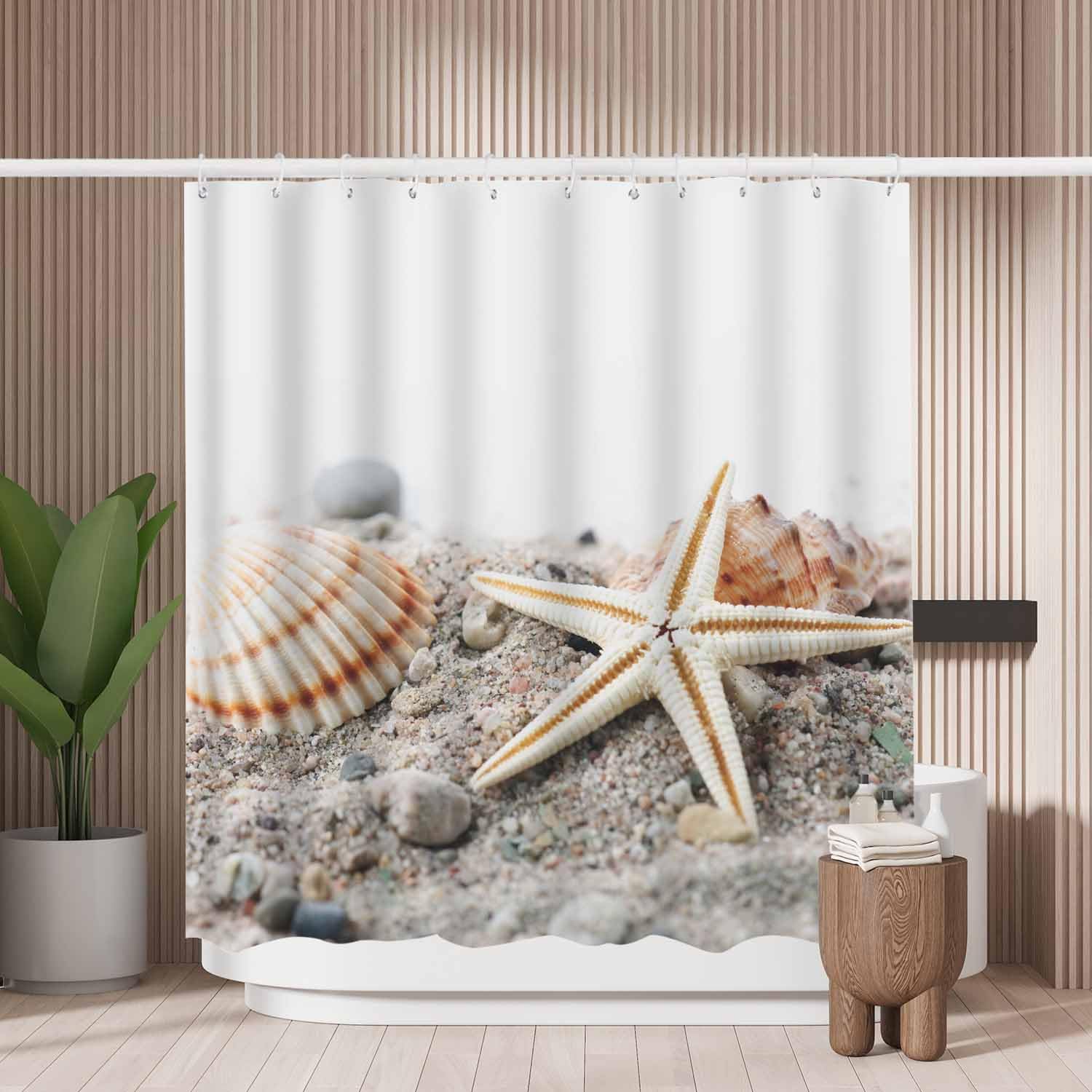 Woutay Starfish Shell Beach Shower Curtain | Mold Resistant Polyester