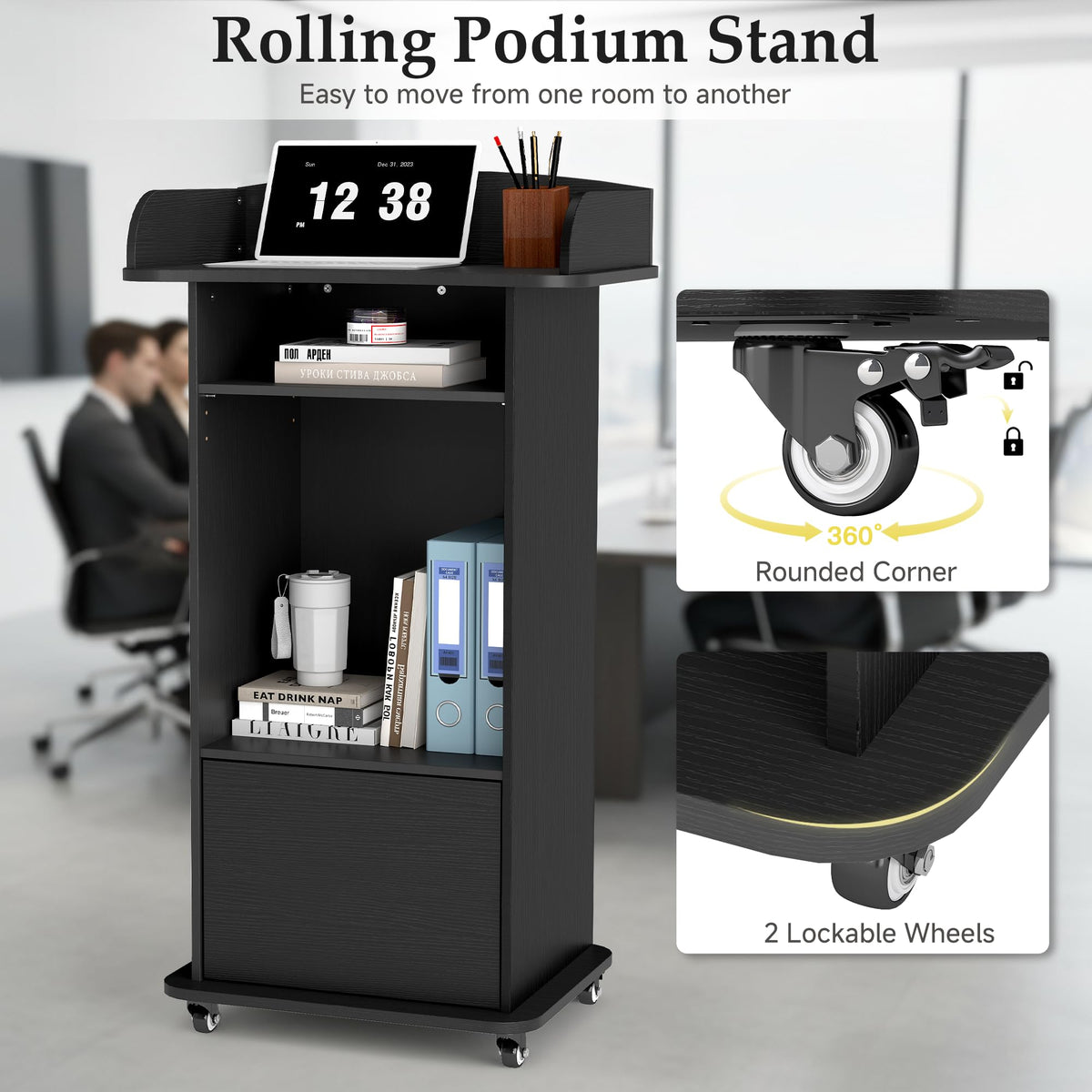 Suuiwau Portable Podium Stand with Adjustable Shelf & Lockable Wheels - image 3
