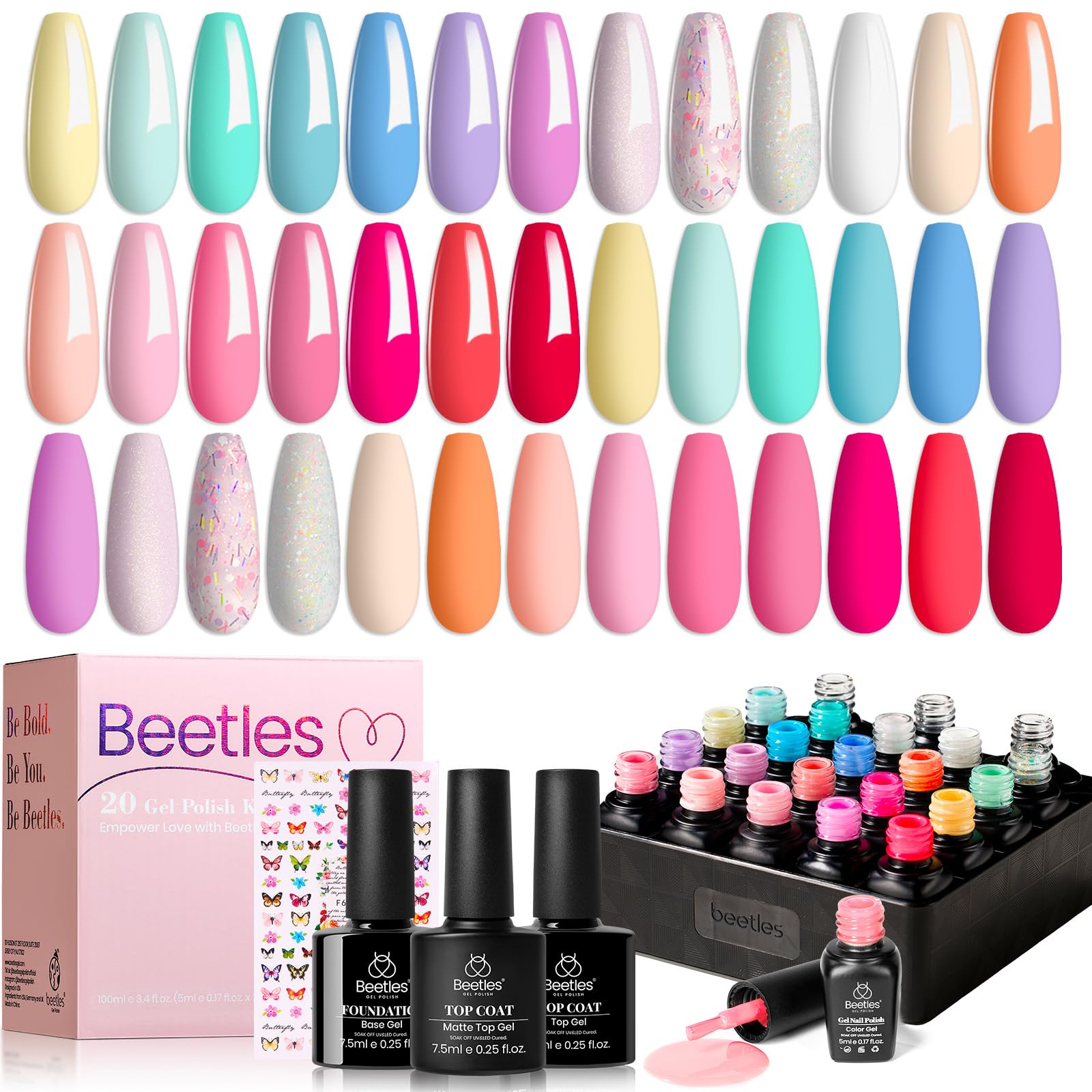 Beetles 20Pcs Pastel Gel Nail Polish Set | Macaron Glitter Manicure Kit