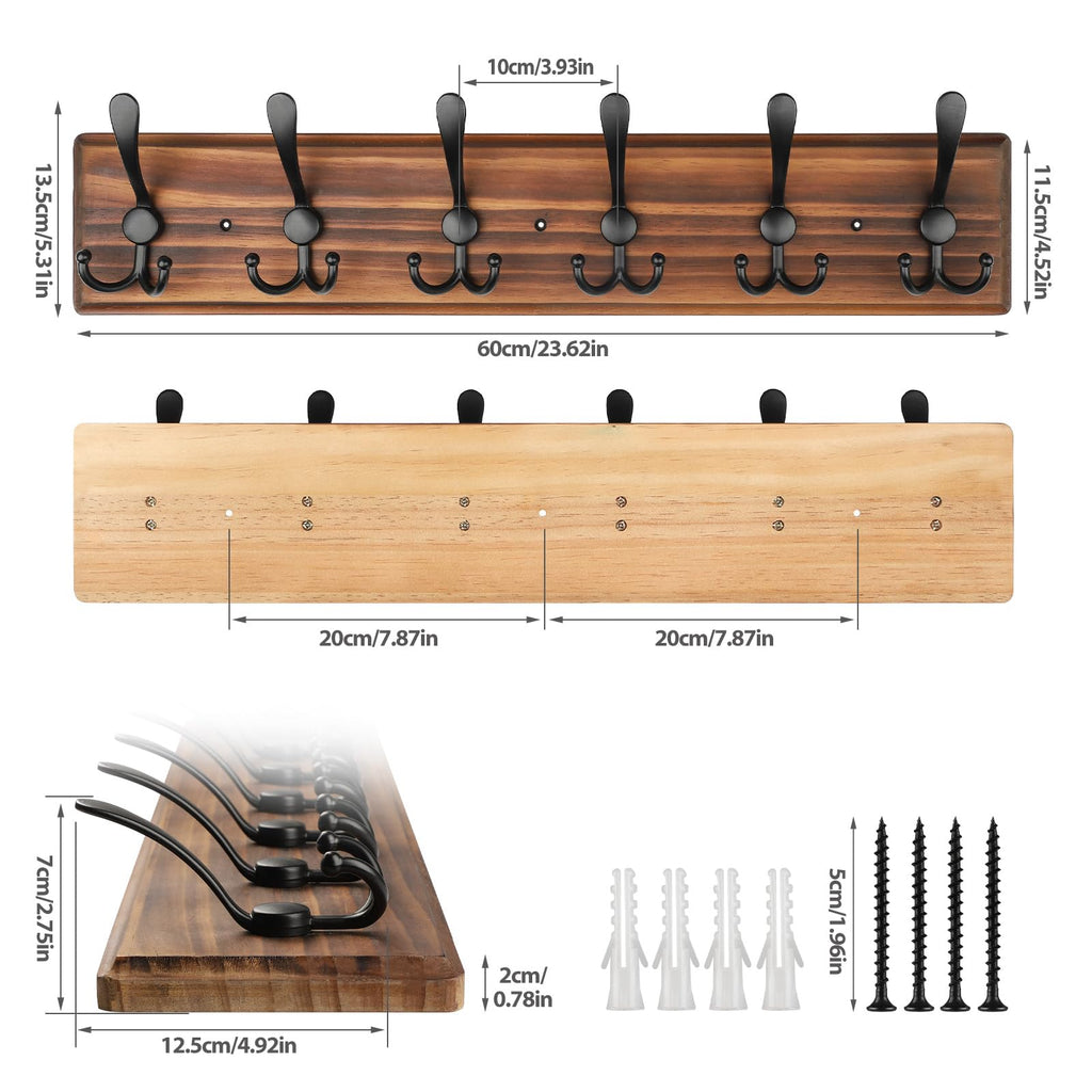 PHINGEER Wall Mounted Coat Rack – 6 Triple Hooks Heavy Duty Pine Wood