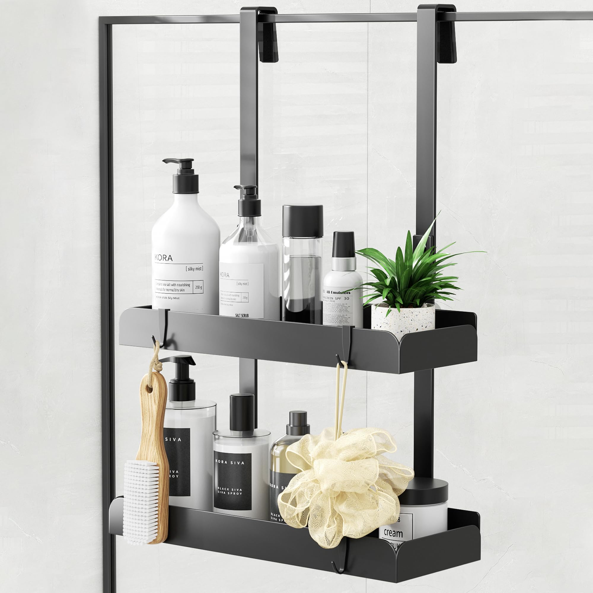 Pickpiff 2-Tier Hanging Shower Caddy – Stainless Steel Over Door Rack, Black