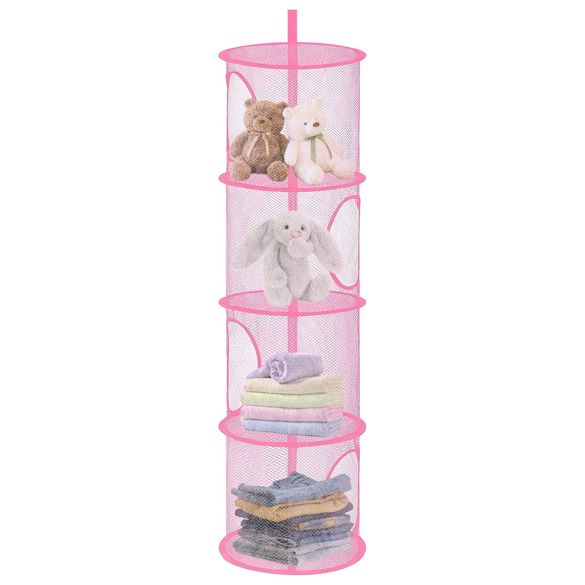 APOMOONS Hanging Mesh Storage Basket, Foldable 4 Tier Hanging Teddy Storage Net, Compartments Soft Toy