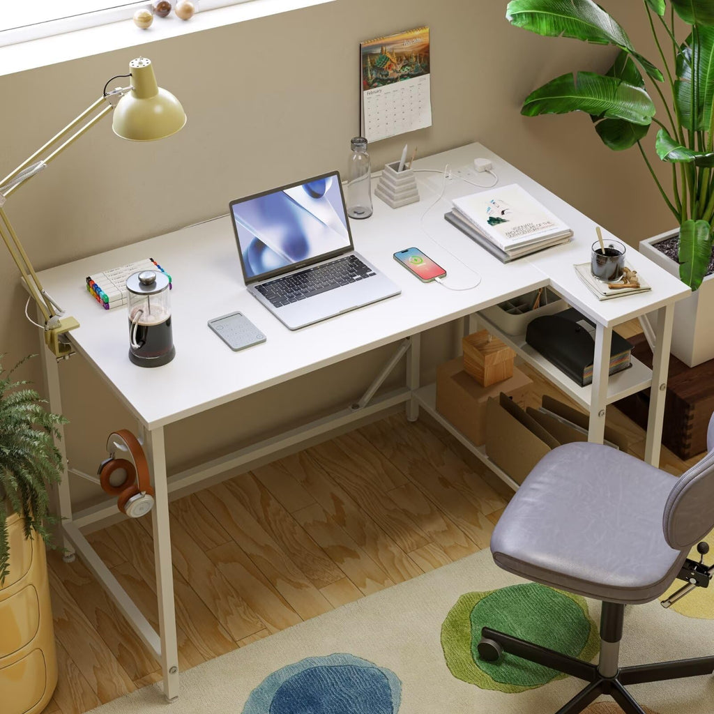 Domshoct L-Shaped Corner Desk with Power Outlets & Storage - White