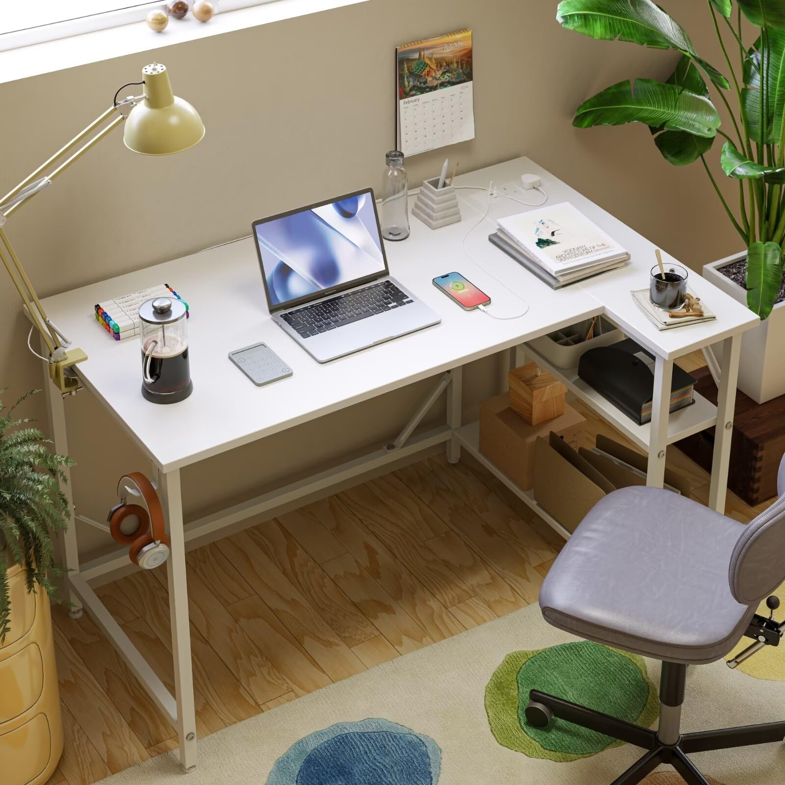 Domshoct L-Shaped Corner Desk with Power Outlets & Storage - White