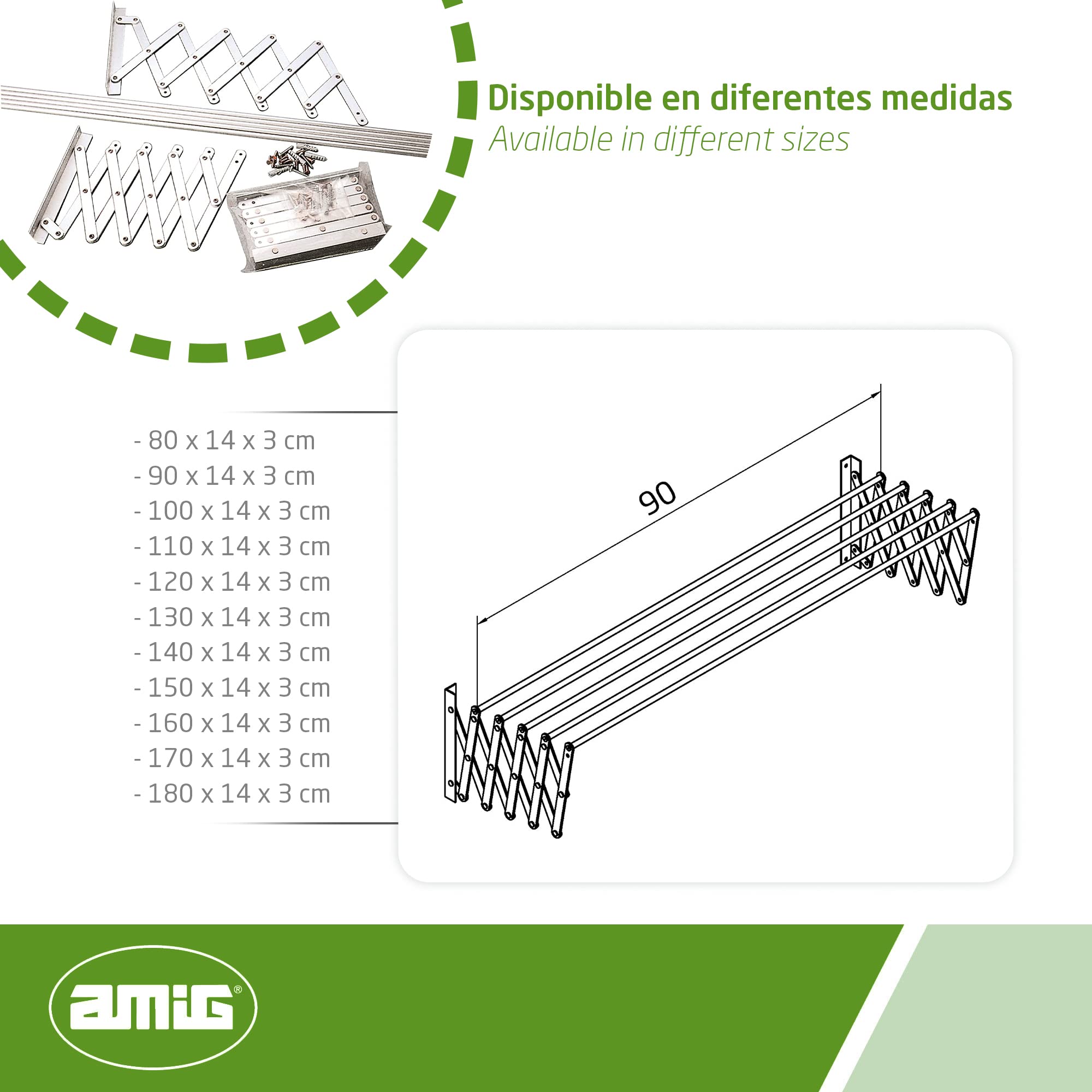 Amig Wall Mounted Clothes Airer – 90cm Silver Stainless Steel Drying Rack