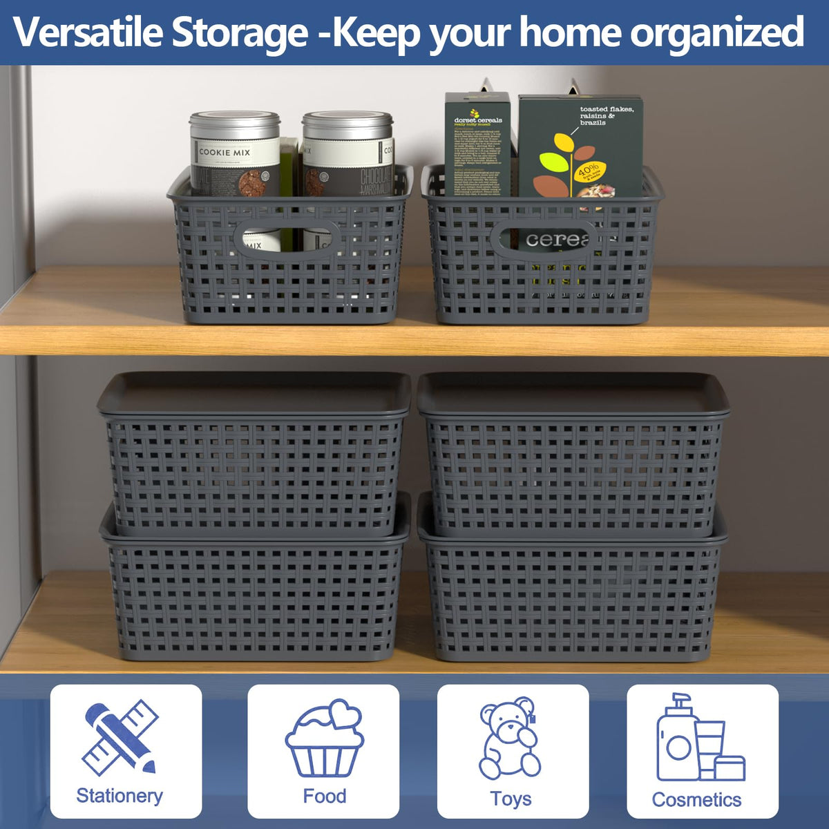 Vadidiya 6 Pack Plastic Weave Storage Baskets with Lids, Grey lidded Bins - image 4