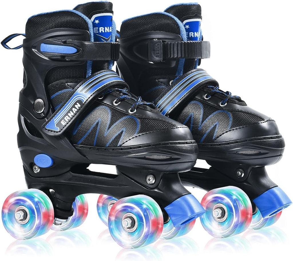 ERNAN Kids Roller Skates | 8 Light Up Wheels | 4 Size Adjustable - Blue