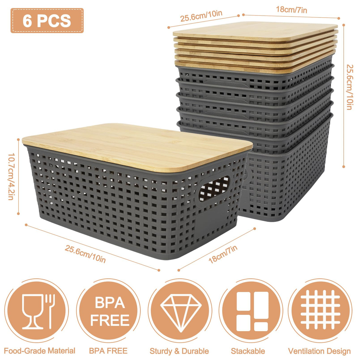 UHAPEER 6 Pack Stackable Plastic Storage Baskets with Bamboo Lid - image 2