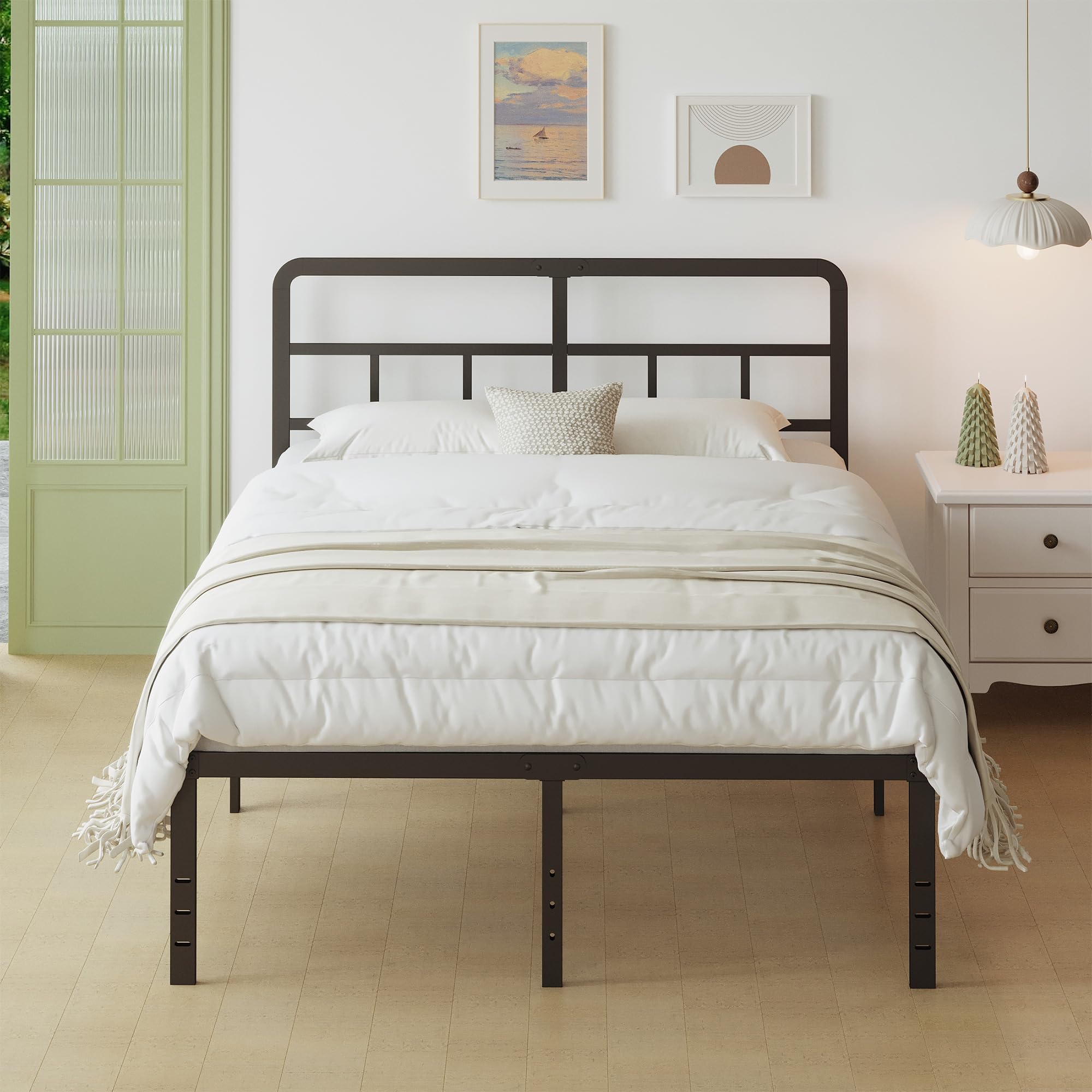 Lutown-Teen King Size Metal Bed Frame with Curved Headboard - Black