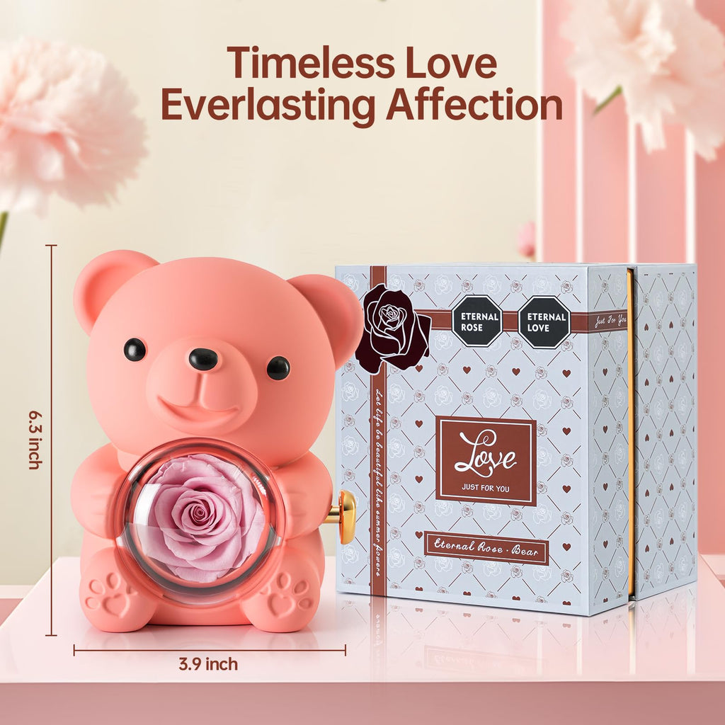 Ariceleo Pink Teddy Bear with Preserved Rose and Heart Necklace