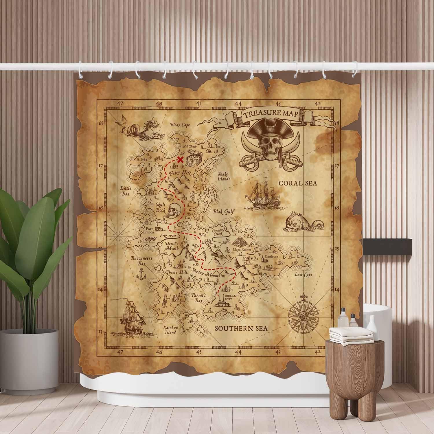 Woutay Pirate Treasure Map Shower Curtain | Mold Resistant Polyester